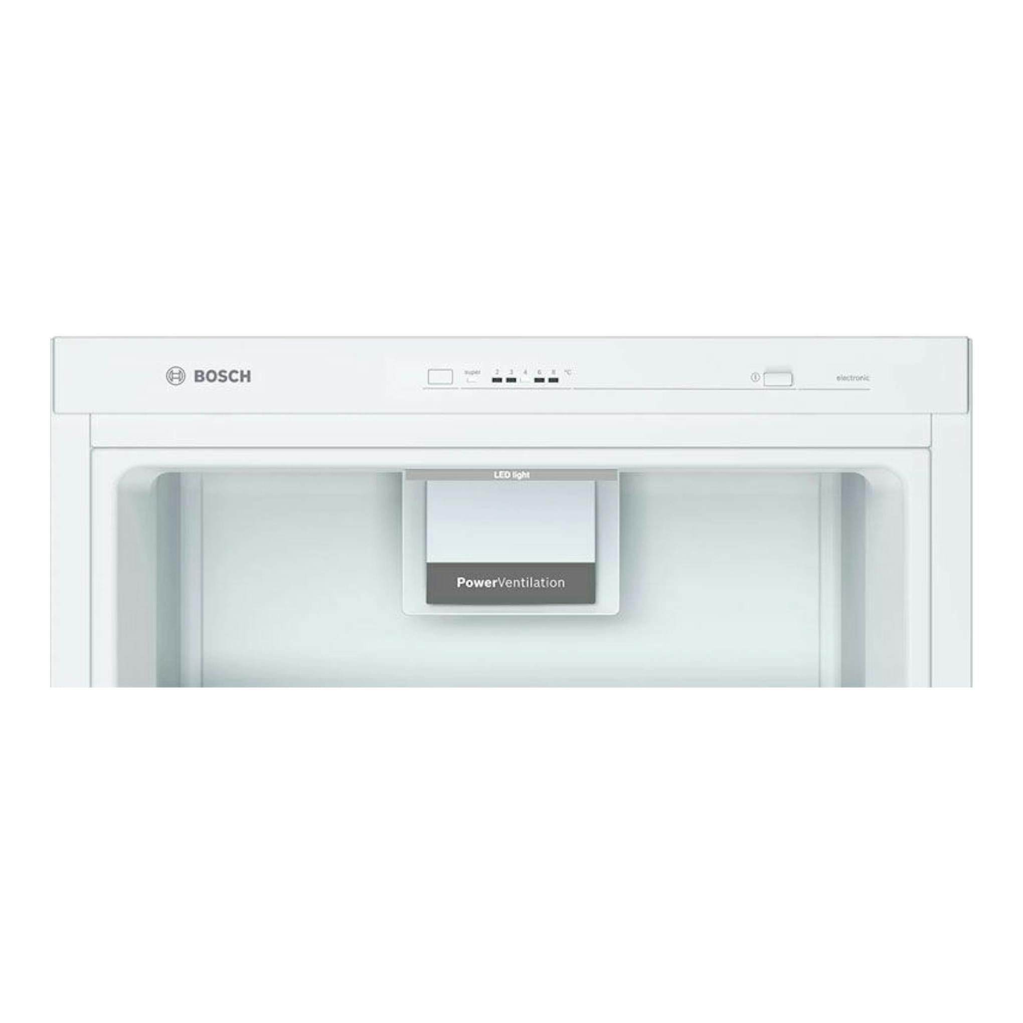 Frigorífico Bosch KSV33VWEP blanco, vista frontal de una puerta con panel superior y display LED.
