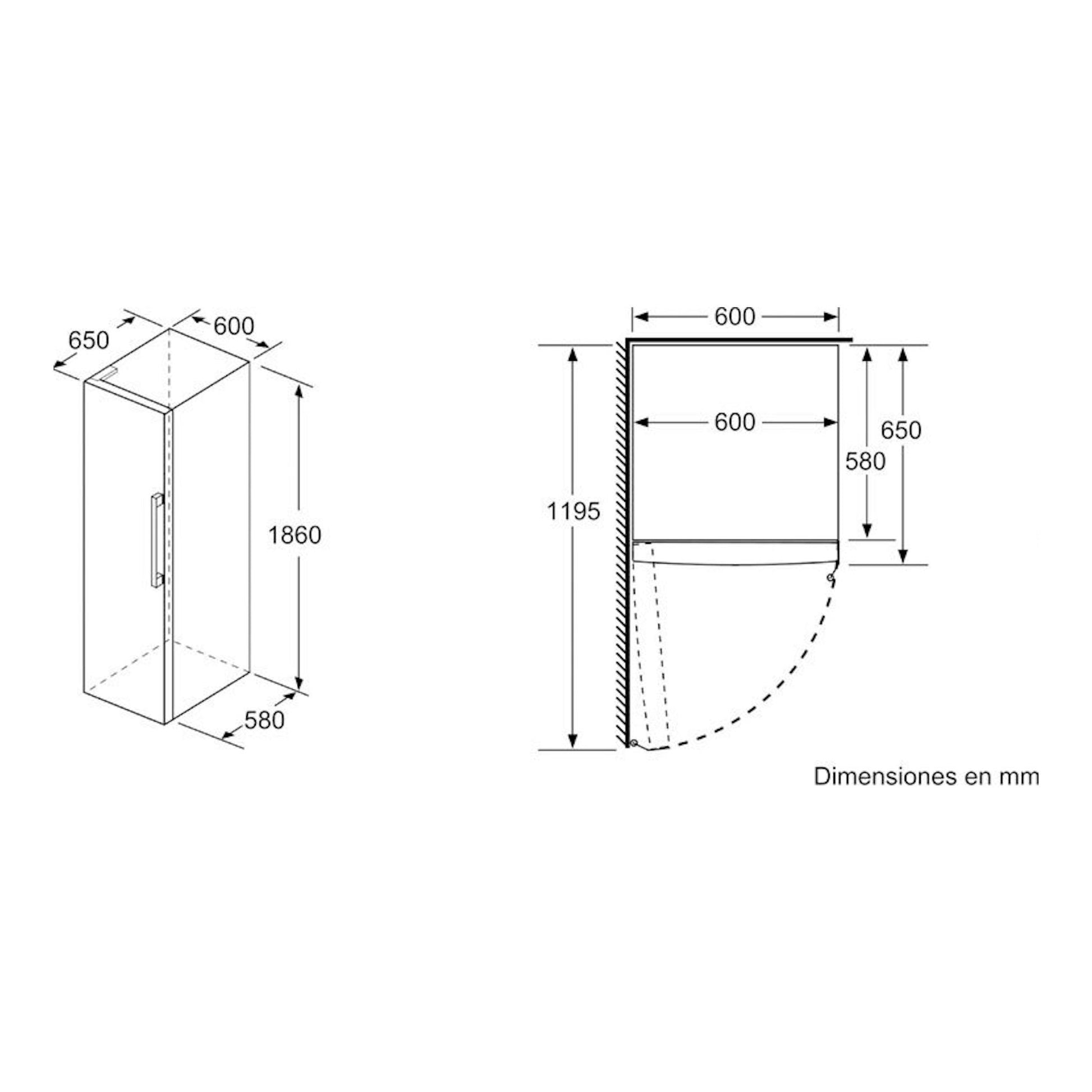 Bosch KSV36CIDP: dibujo técnico de frigorífico de 1 puerta con medidas y apertura lateral.