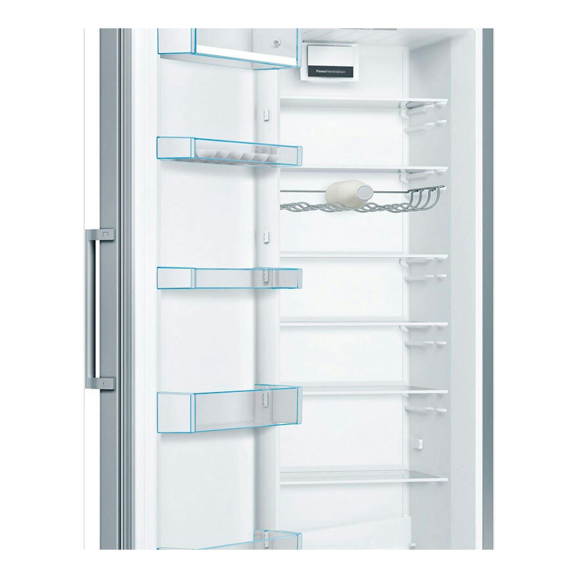 Frigorífico Bosch KSV36CIDP de acero, interior blanco con estantes y balda para botellas, visto con la puerta abierta.