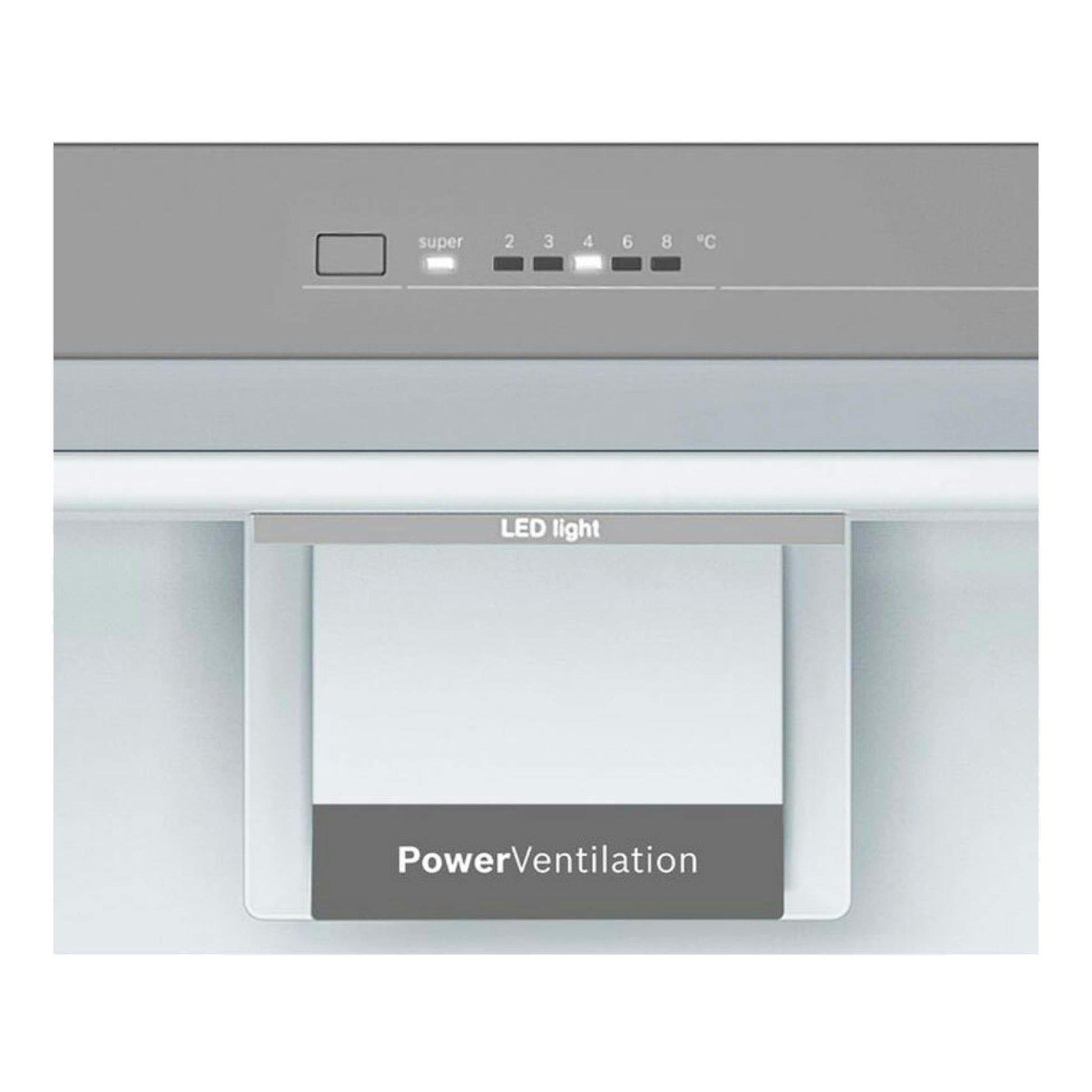 Detalle frontal del frigorífico Bosch KSV36CIDP en acero, con panel LED y sistema PowerVentilation.