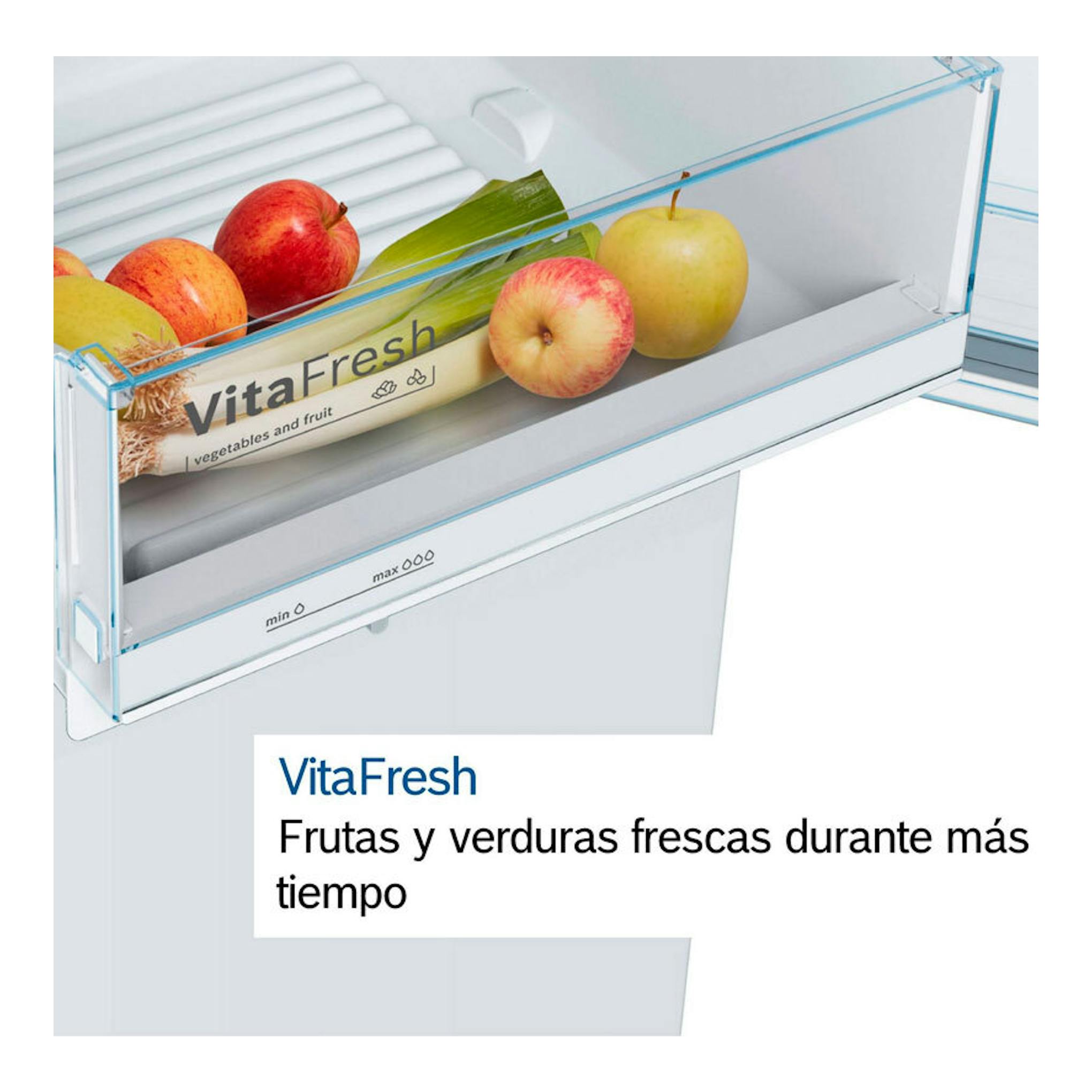 Bosch KSV36CIDP: cajón VitaFresh de frigorífico con manzanas y verduras, vista frontal.