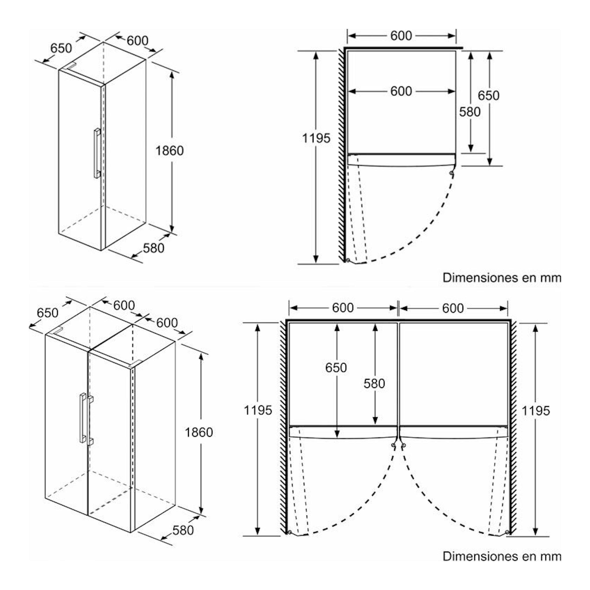 Bosch KSV36VWEP: esquema técnico de frigorífico blanco de 1 puerta, vistas frontal y lateral, 1860x600x650 mm.
