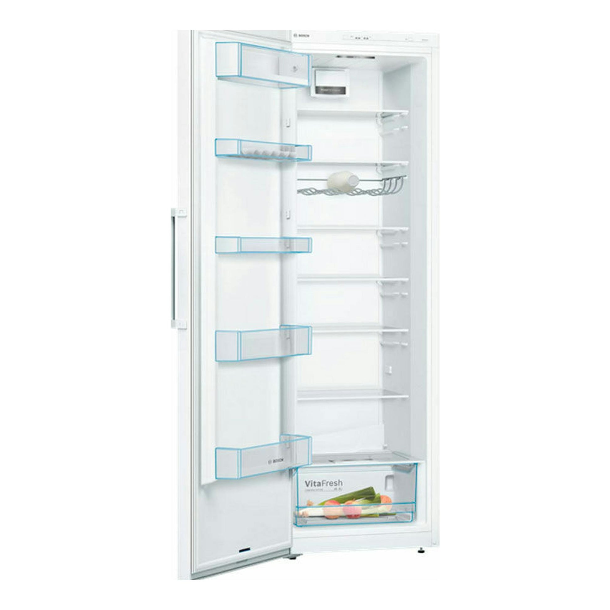 Frigorífico Bosch KSV36VWEP blanco, vista frontal con la puerta abierta y el interior vacío visible.