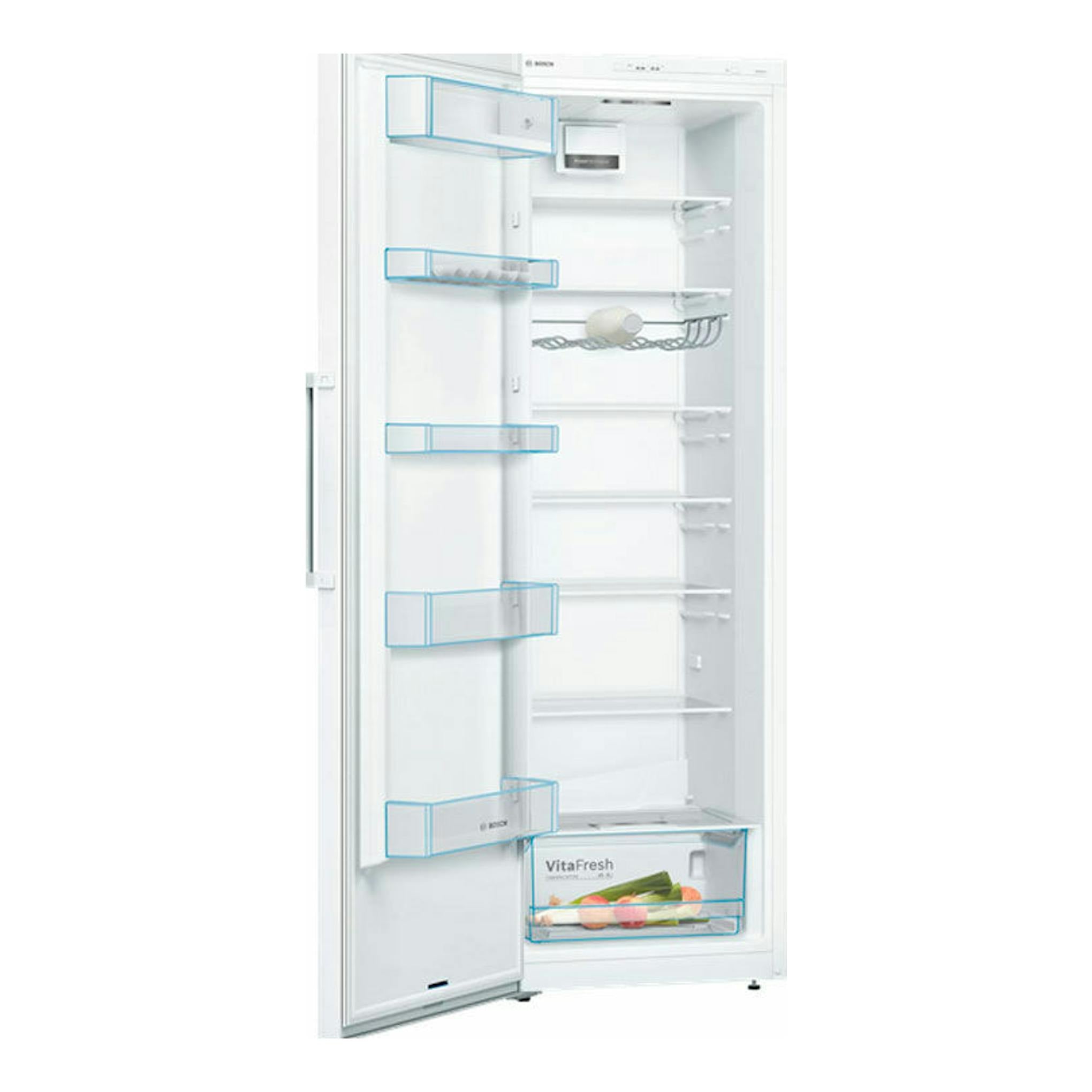 Frigorífico Bosch KSV36VWEP blanco, vista frontal con la puerta abierta y el interior vacío visible.