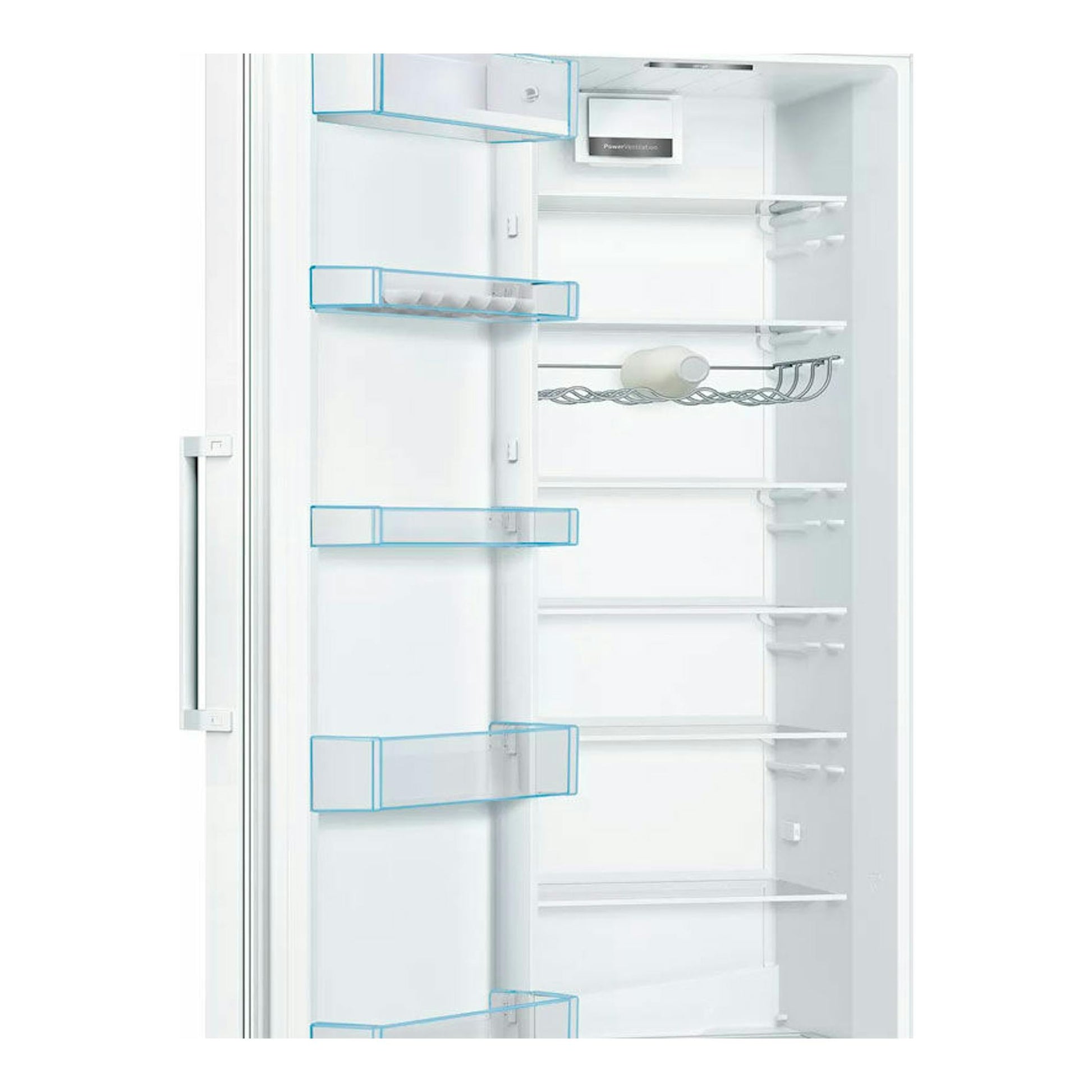 Interior de frigorífico Bosch KSV36VWEP blanco, con estantes y balcones de puerta, vista frontal abierta.