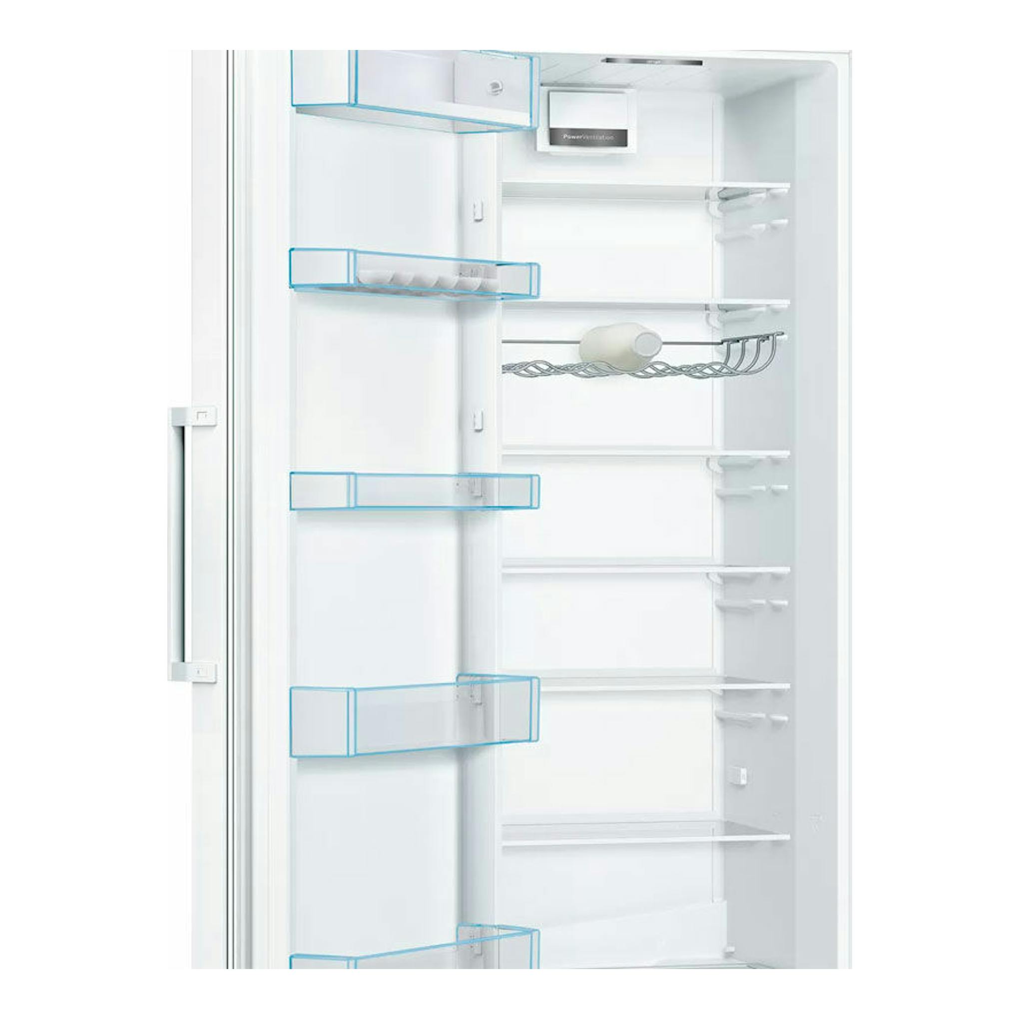 Interior de frigorífico Bosch KSV36VWEP blanco, con estantes y balcones de puerta, vista frontal abierta.