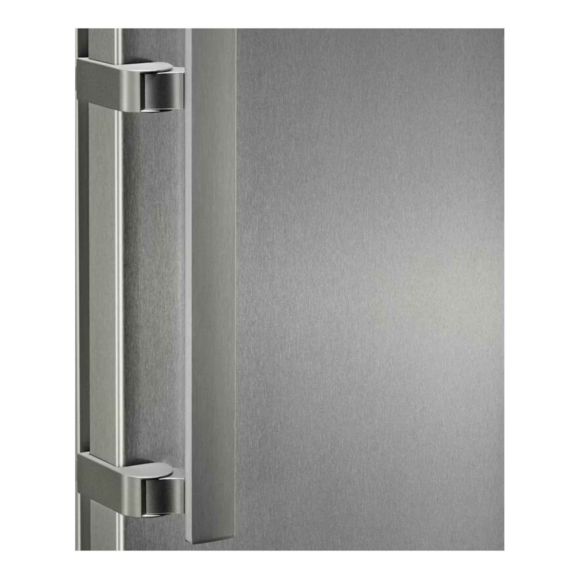Frigorífico Electrolux LRS3DE39U inox, primer plano frontal de la puerta con asa y bisagras plateadas.