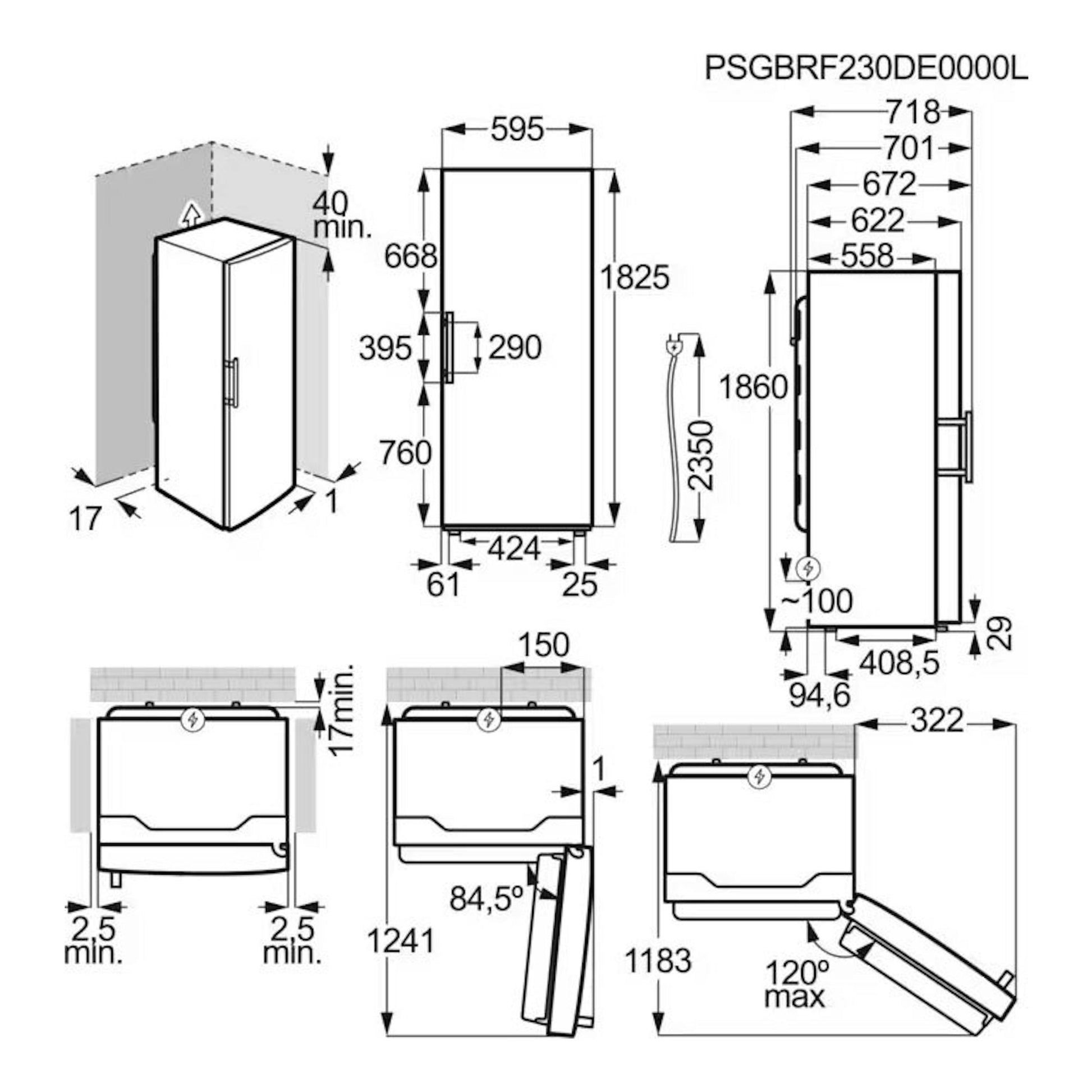 Esquema técnico del frigorífico Electrolux LRS3DE39W blanco, con vistas frontal y lateral y medidas.