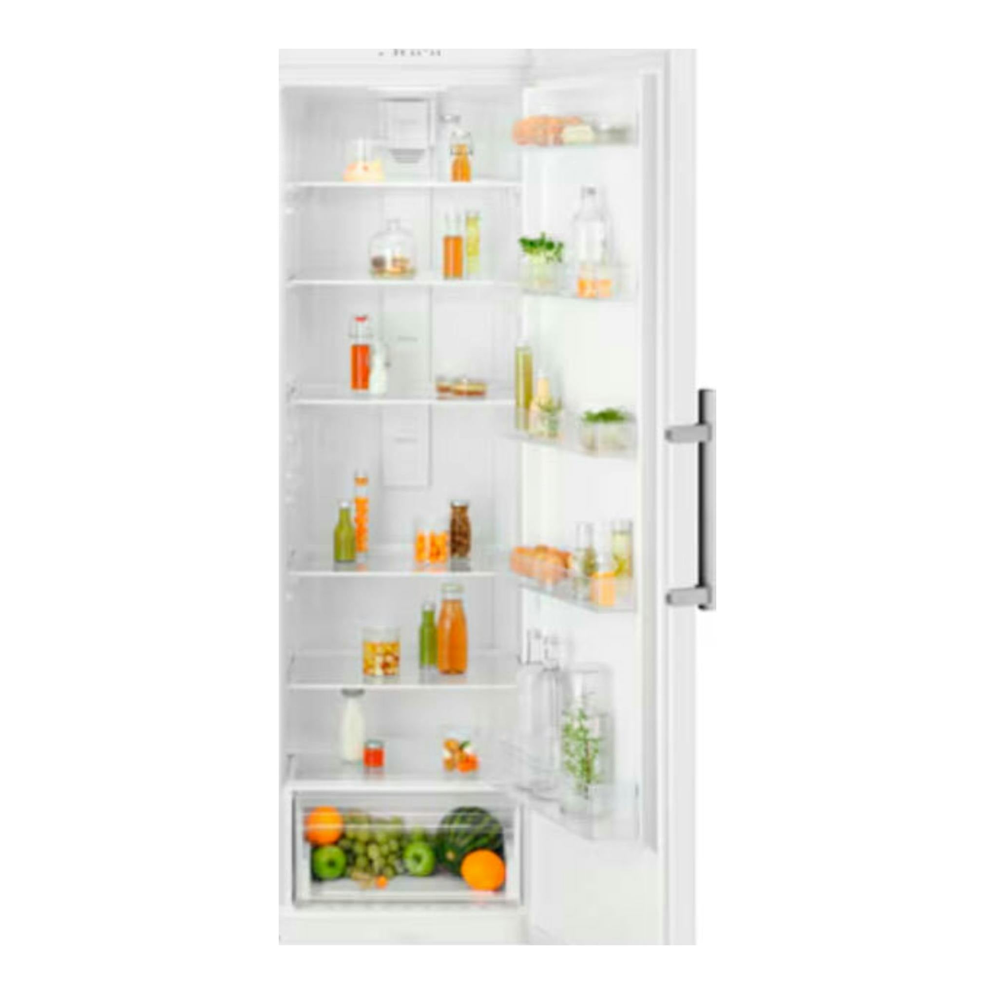 Frigorífico Electrolux LRS3DE39W blanco, vista frontal con la puerta abierta y estantes interiores visibles.