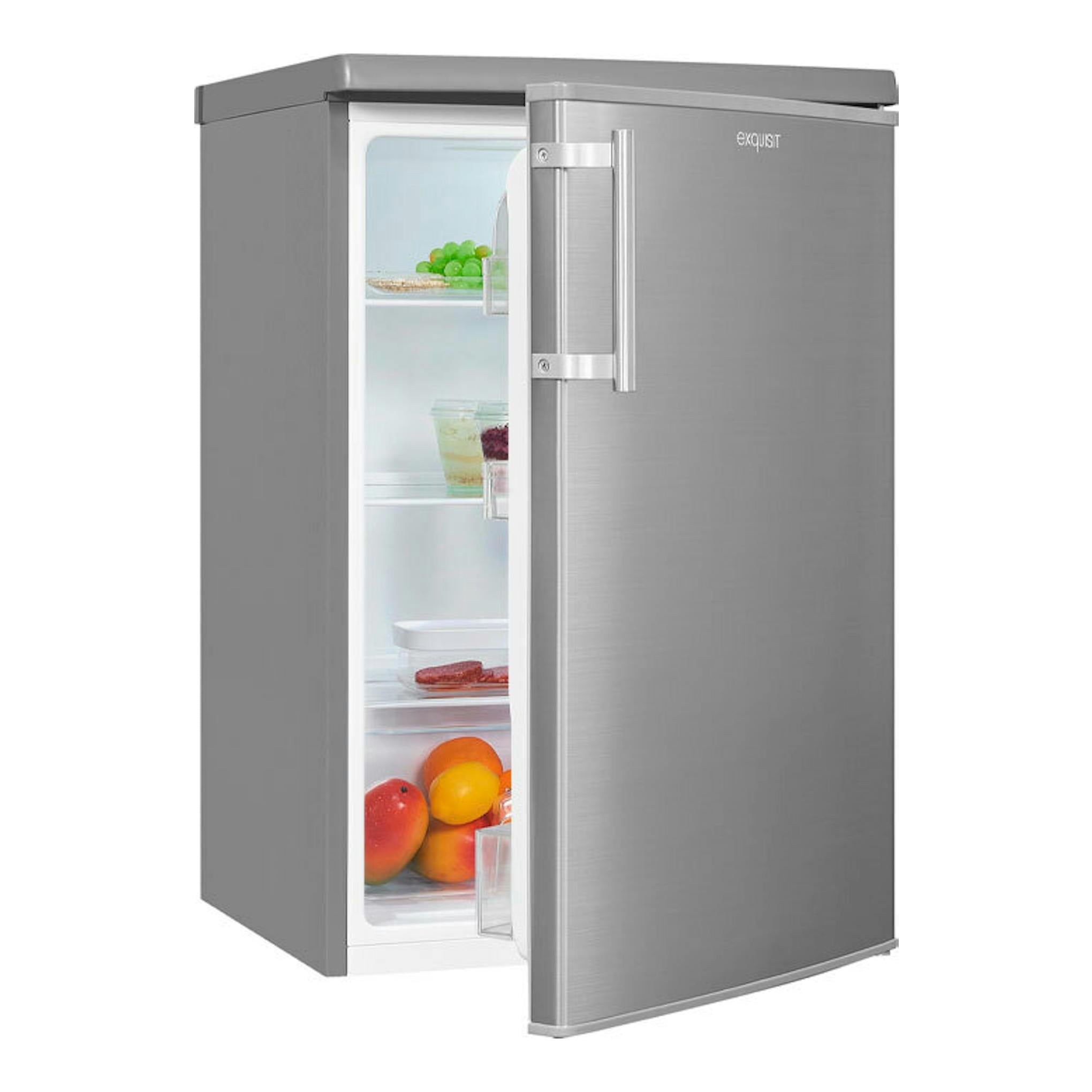 Frigorífico Exquisit KS 16-4-V-H 040E inox, vista frontal en tres cuartos, con la puerta abierta.