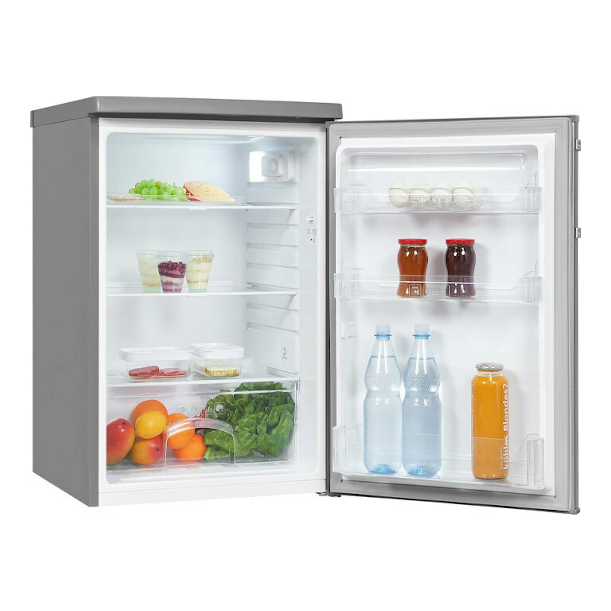 Frigorífico Exquisit KS 16-4-V-H 040E inox, vista frontal con puerta abierta y estantes interiores.