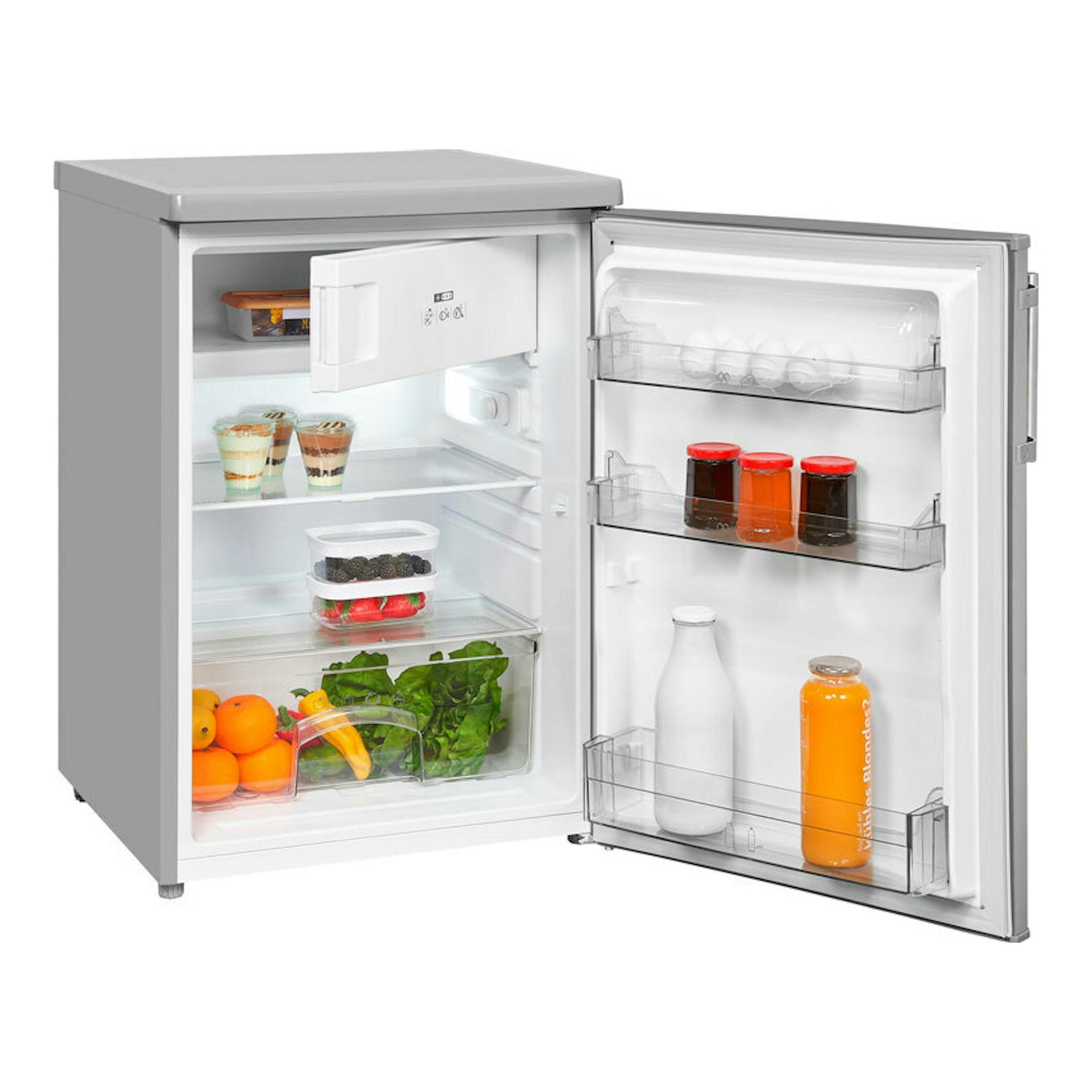 Frigorífico Exquisit KS16-4-HE-040E inox, puerta única abierta, vista frontal, con estantes y alimentos.