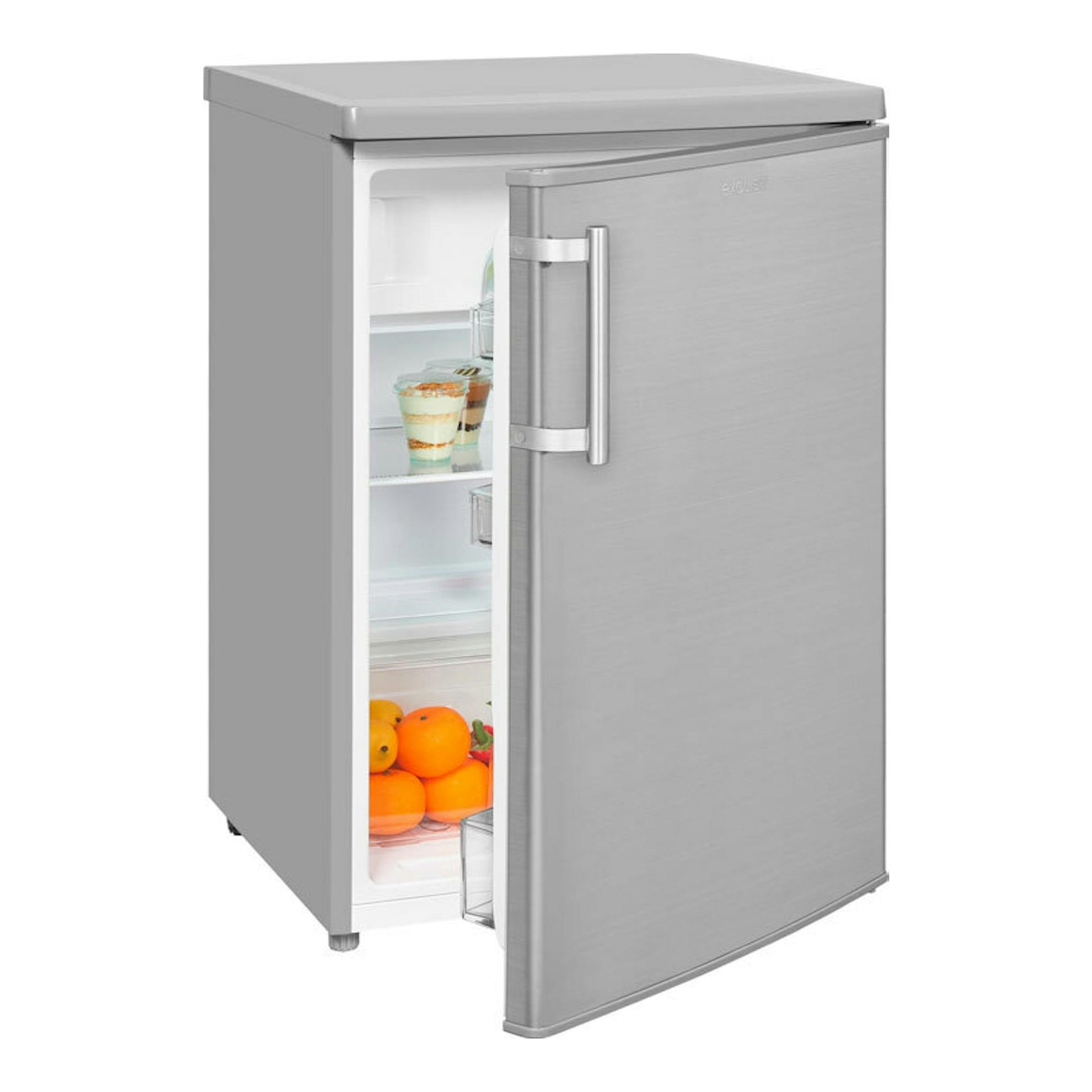 Frigorífico Exquisit KS16-4-HE-040E inox, vista frontal 3/4 con la puerta abierta.