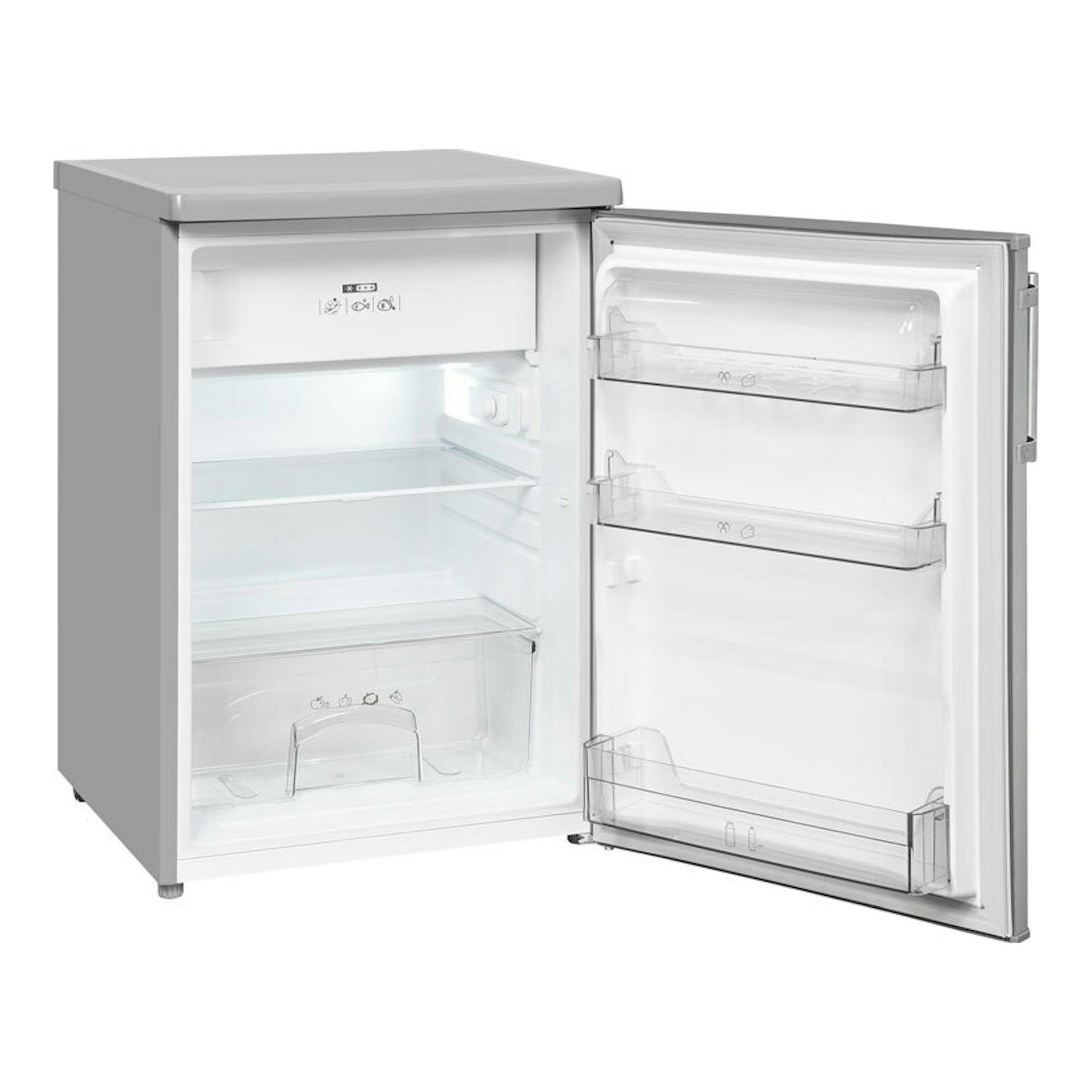 Frigorífico Exquisit KS16-4-HE-040E inox, vista frontal en tres cuartos, puerta abierta, interior visible.