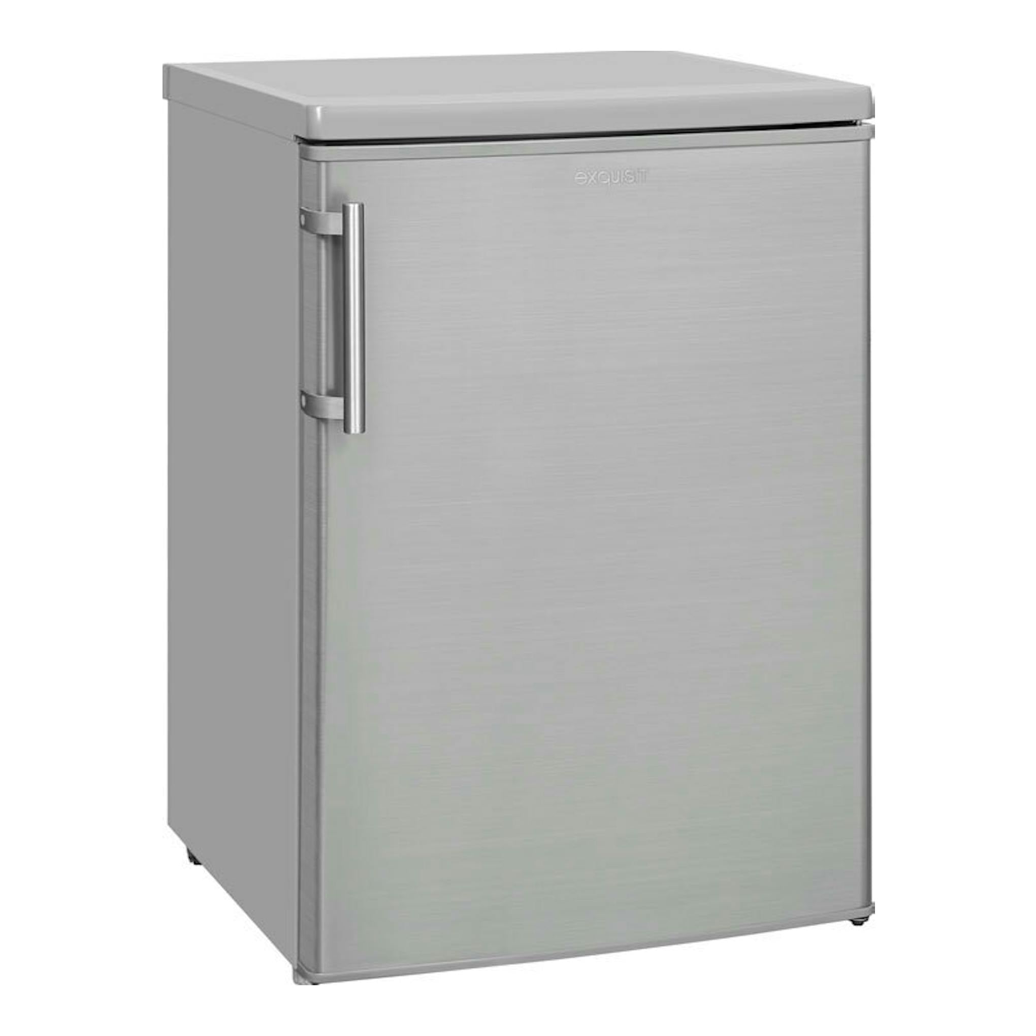 Frigorífico Exquisit KS16-4-HE-040E de una puerta, acabado inox, vista frontal izquierda.
