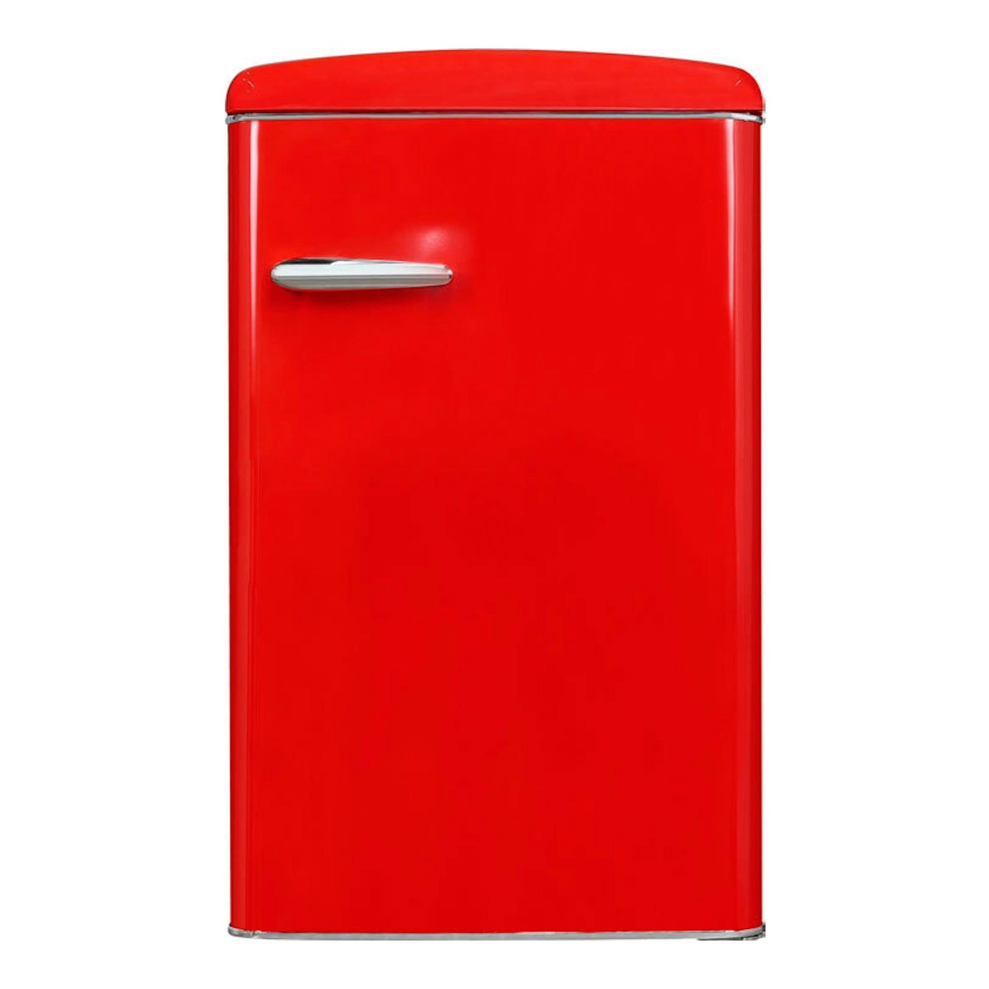 Frigorífico Exquisit RKS120-V-H-160E rojo, vista frontal, una puerta, con tirador cromado.