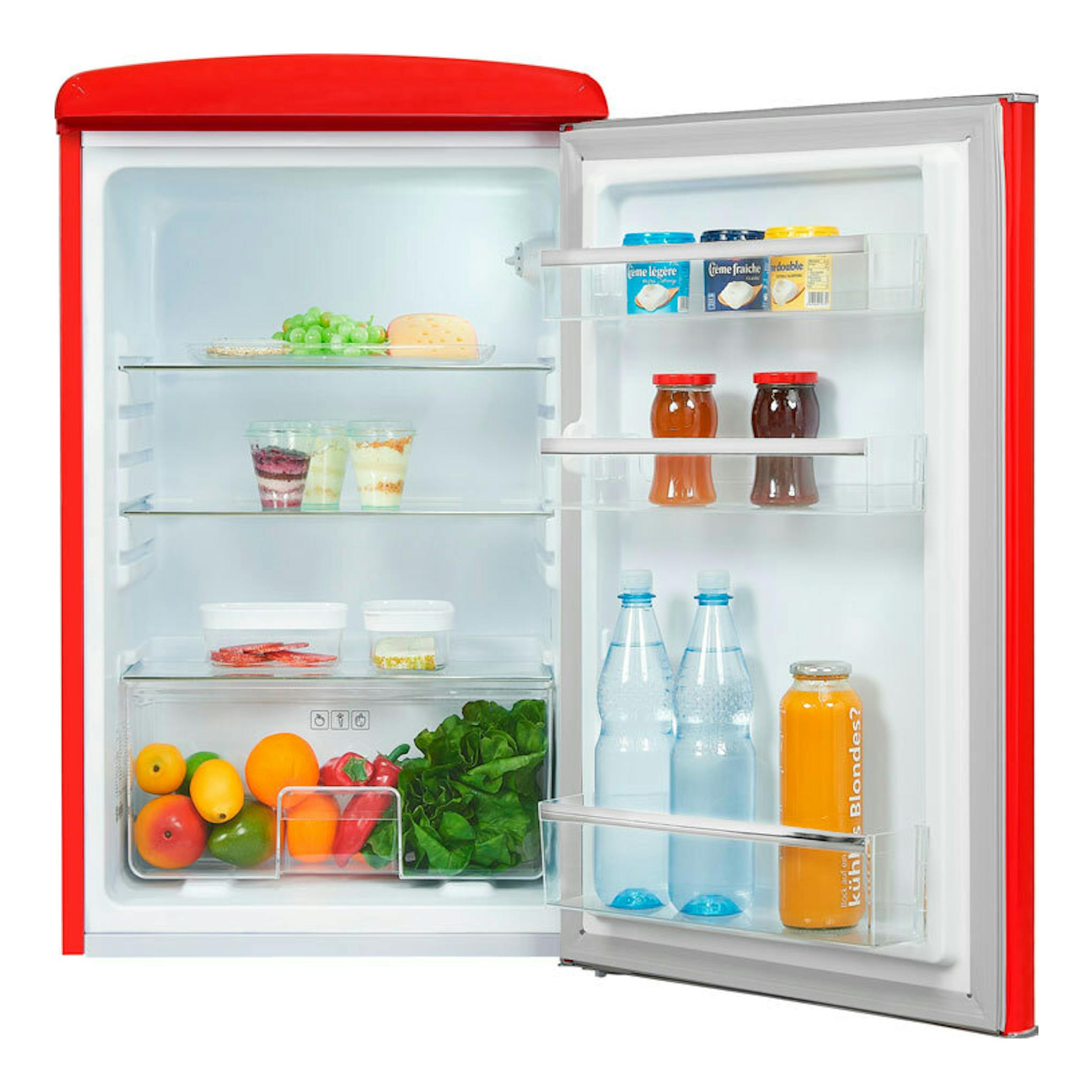 Frigorífico Exquisit RKS120-V-H-160E rojo, vista frontal con la puerta abierta y alimentos en estantes.