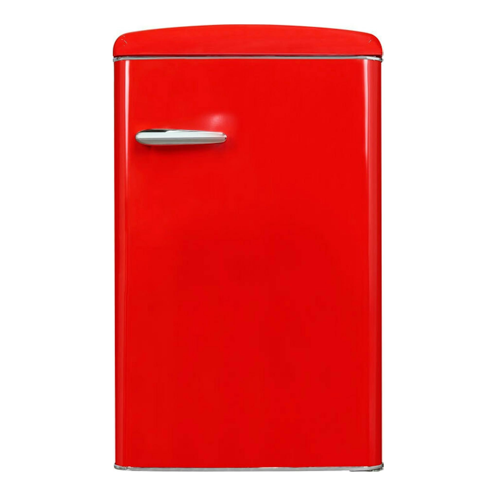 Frigorífico rojo Exquisit RKS120-V-H-160F de una puerta, vista frontal, con tirador metálico.