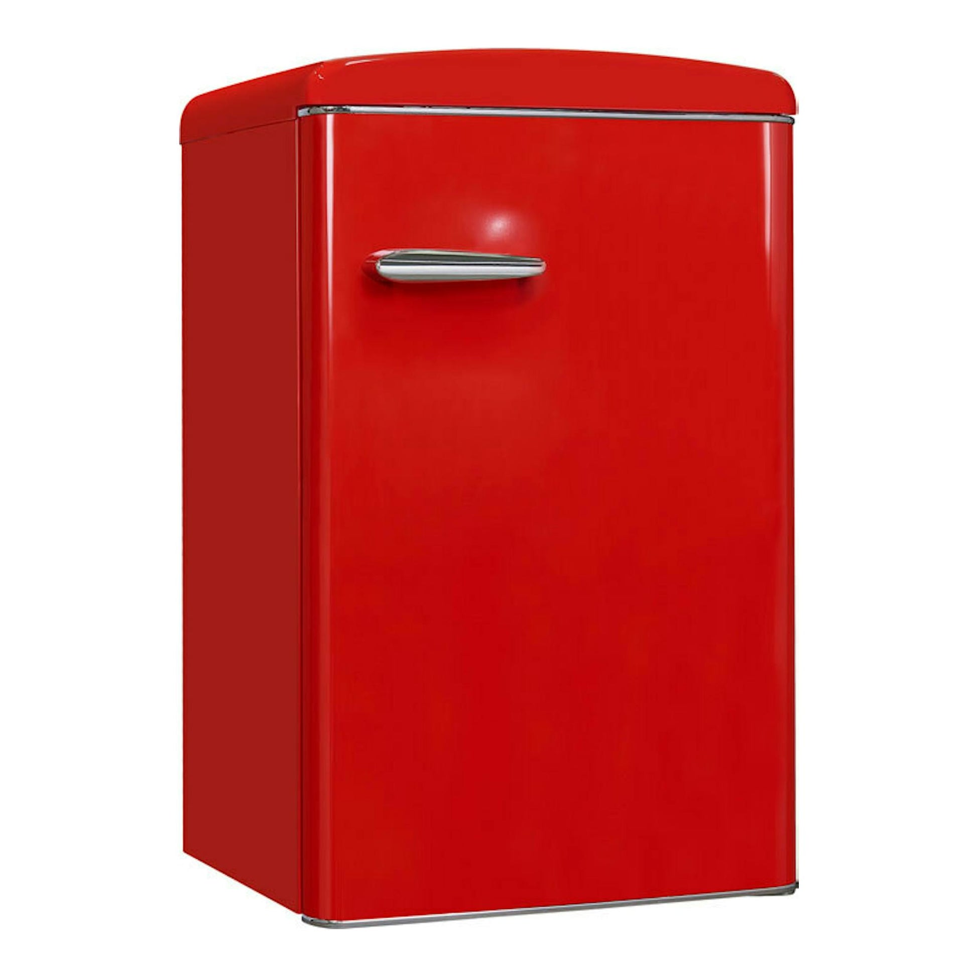 Frigorífico Exquisit RKS120-V-H-160F rojo, vista frontal en ángulo, una puerta con tirador cromado.