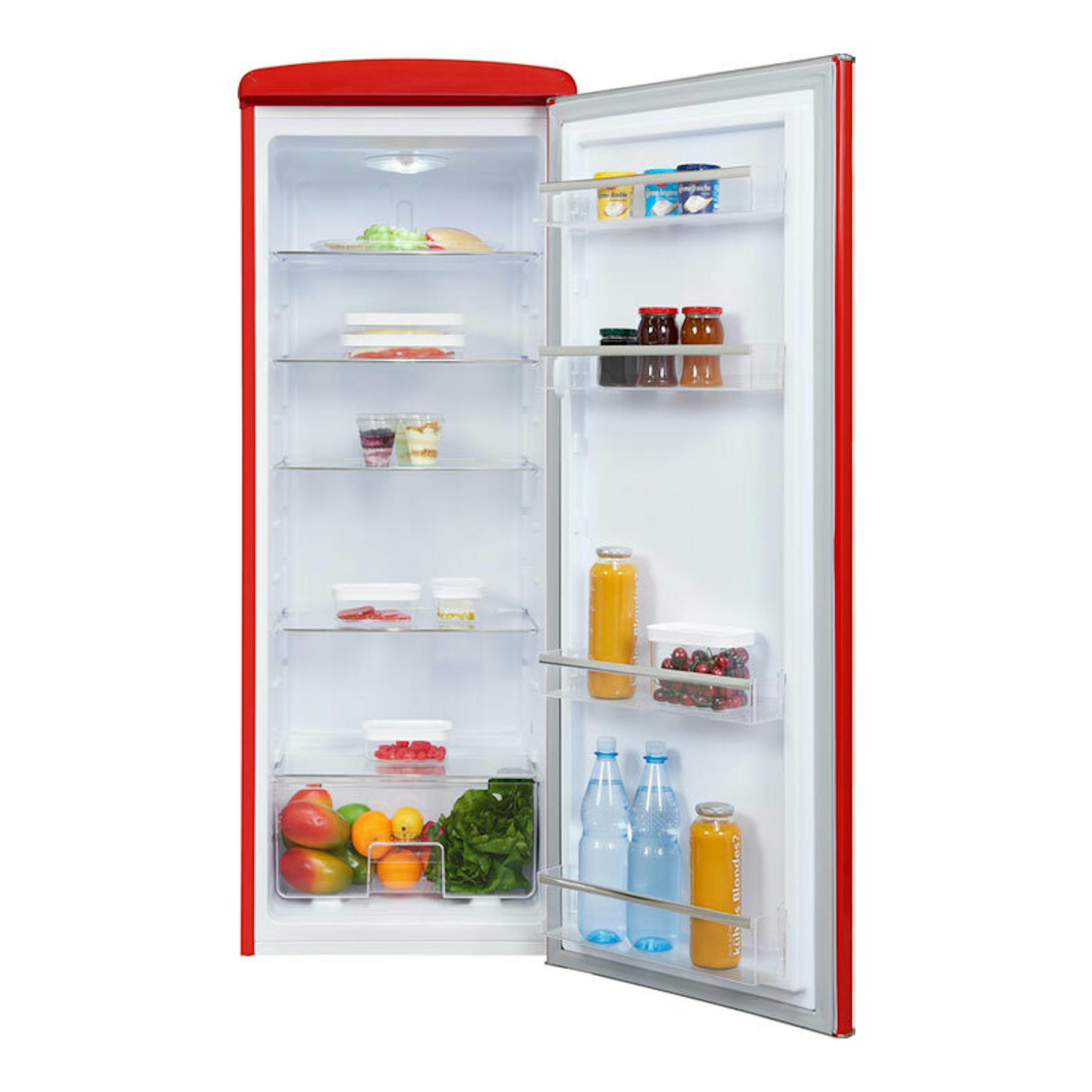 Frigorífico Exquisit RKS325-V-H-160E rojo, vista frontal con la puerta abierta.