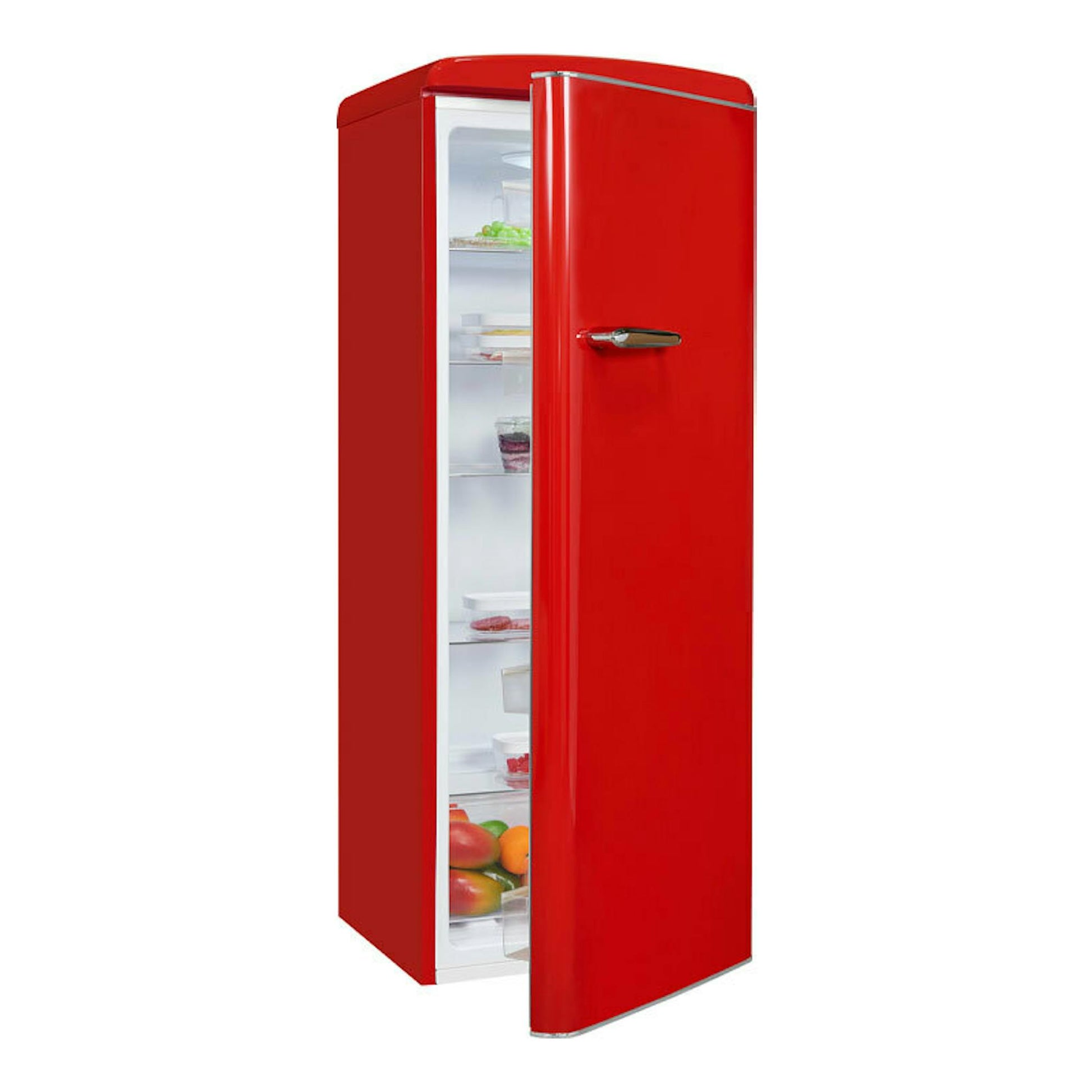 Frigorífico Exquisit RKS325-V-H-160E rojo, vista frontal en tres cuartos con la puerta abierta.