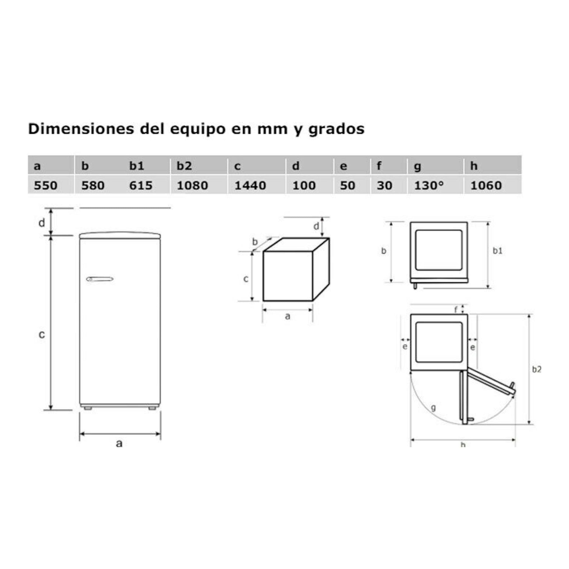Esquema de dimensiones del frigorífico Exquisit RKS325-V-H-161E con vistas frontal y lateral.