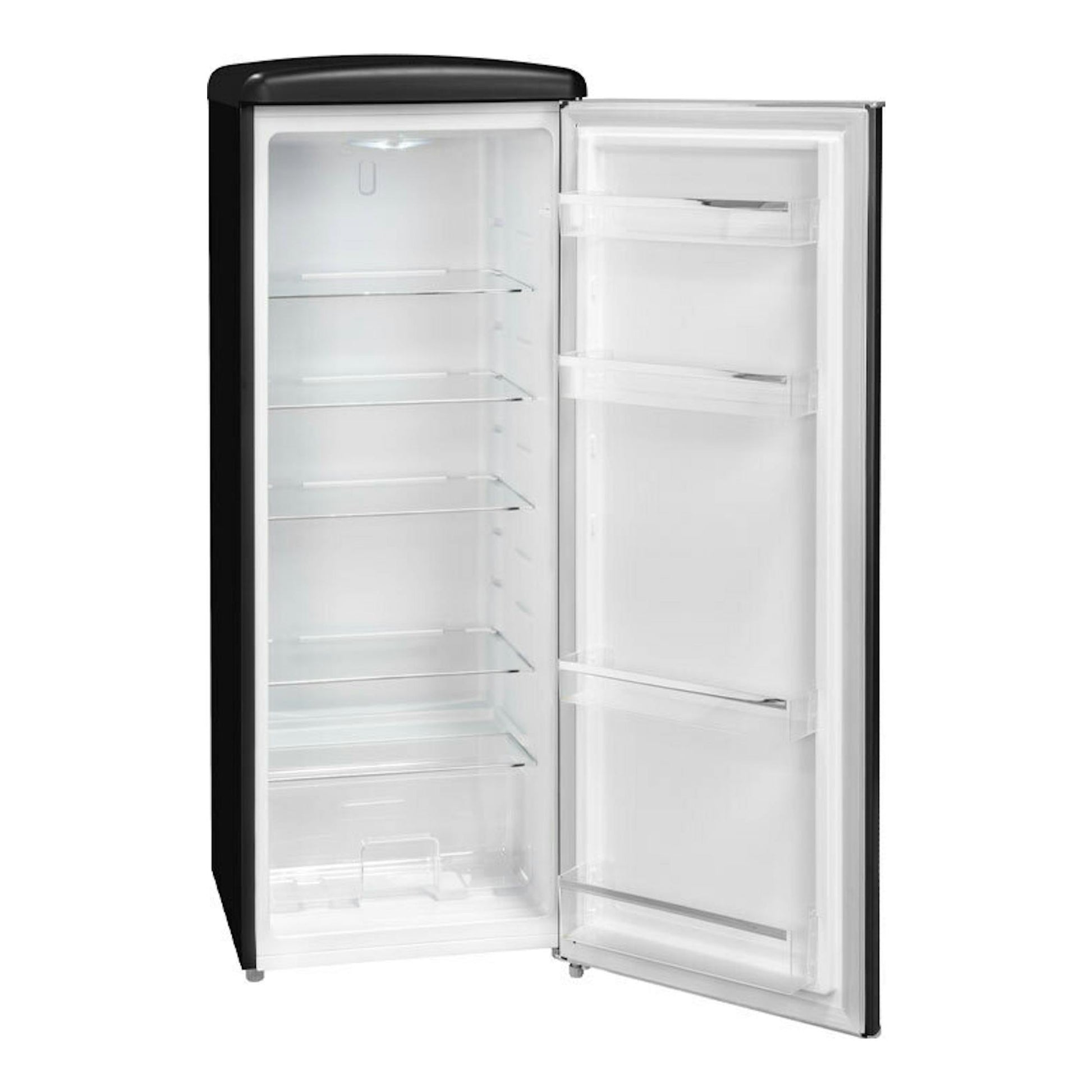 Frigorífico Exquisit RKS325-V-H-161E negro mate, vista frontal con la puerta abierta y estantes de cristal.