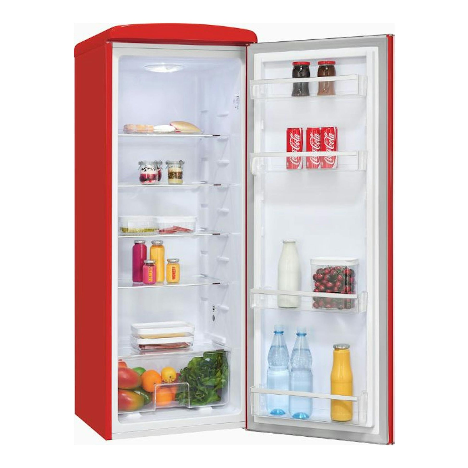 Frigorífico Exquisit RKS325-V-H-161E rojo, de una puerta, abierto en vista frontal.