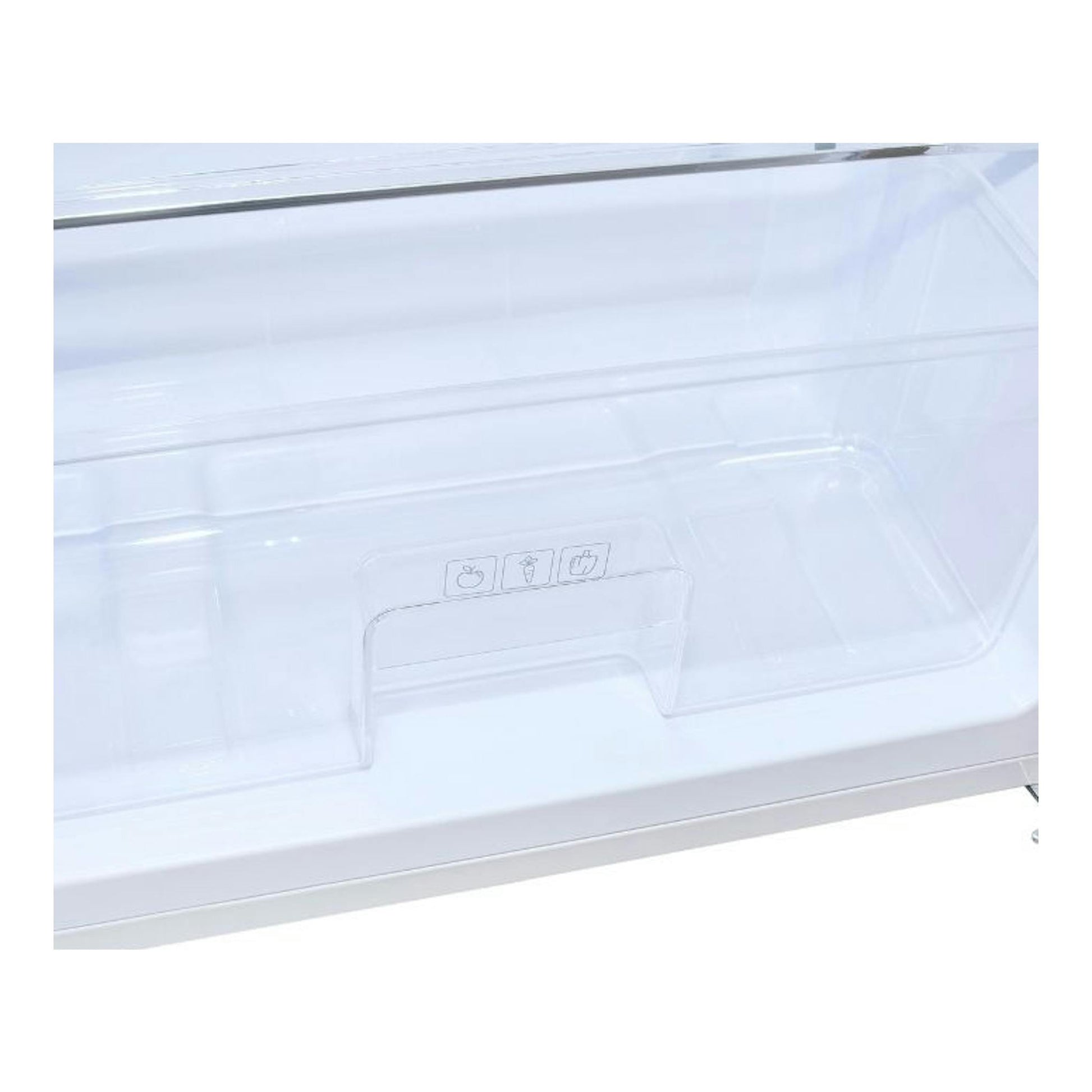 Interior de frigorífico Exquisit RKS325-V-H-161E, vista frontal, con balda de cristal y cajón transparente blanco.