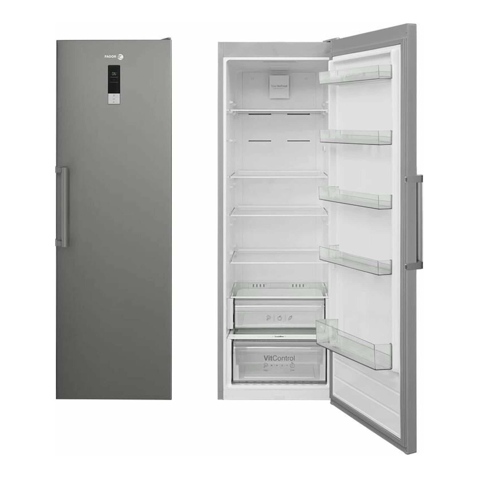 Frigorífico Fagor 3FFK-1875X inox de una puerta, vista frontal y puerta abierta con interior blanco.
