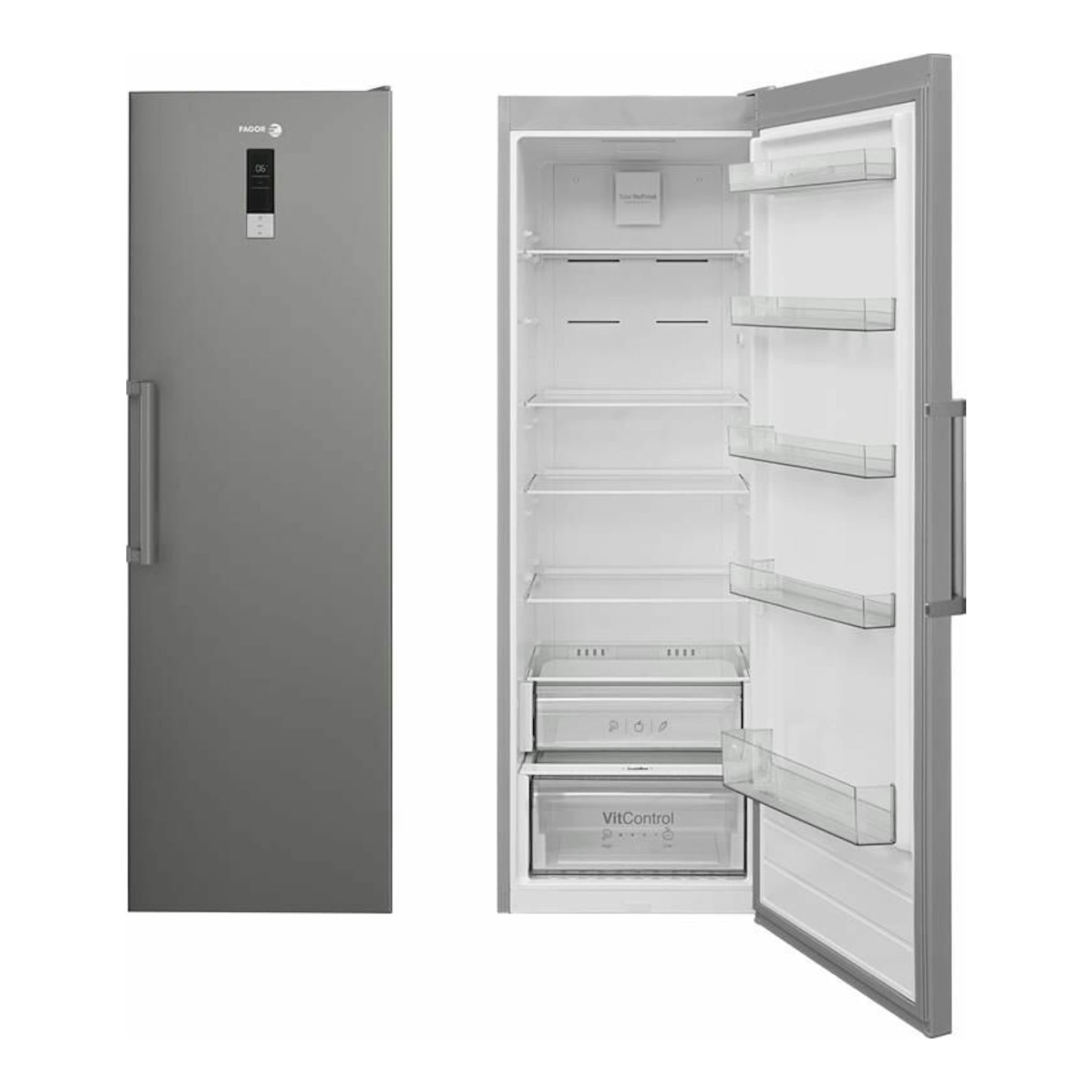 Frigorífico Fagor 3FFK-1875X inox de una puerta, vista frontal y puerta abierta con interior blanco.