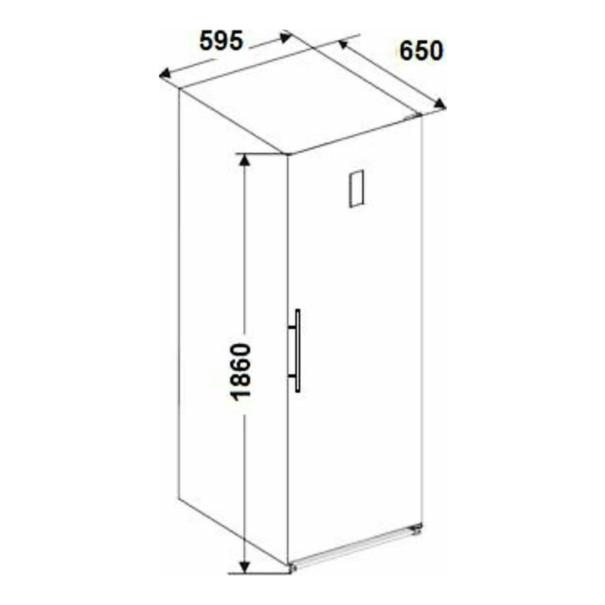 Frigorífico Fagor 3FFK-1875X inox, vista isométrica frontal, con una puerta y medidas 595 x 650 x 1860 mm.