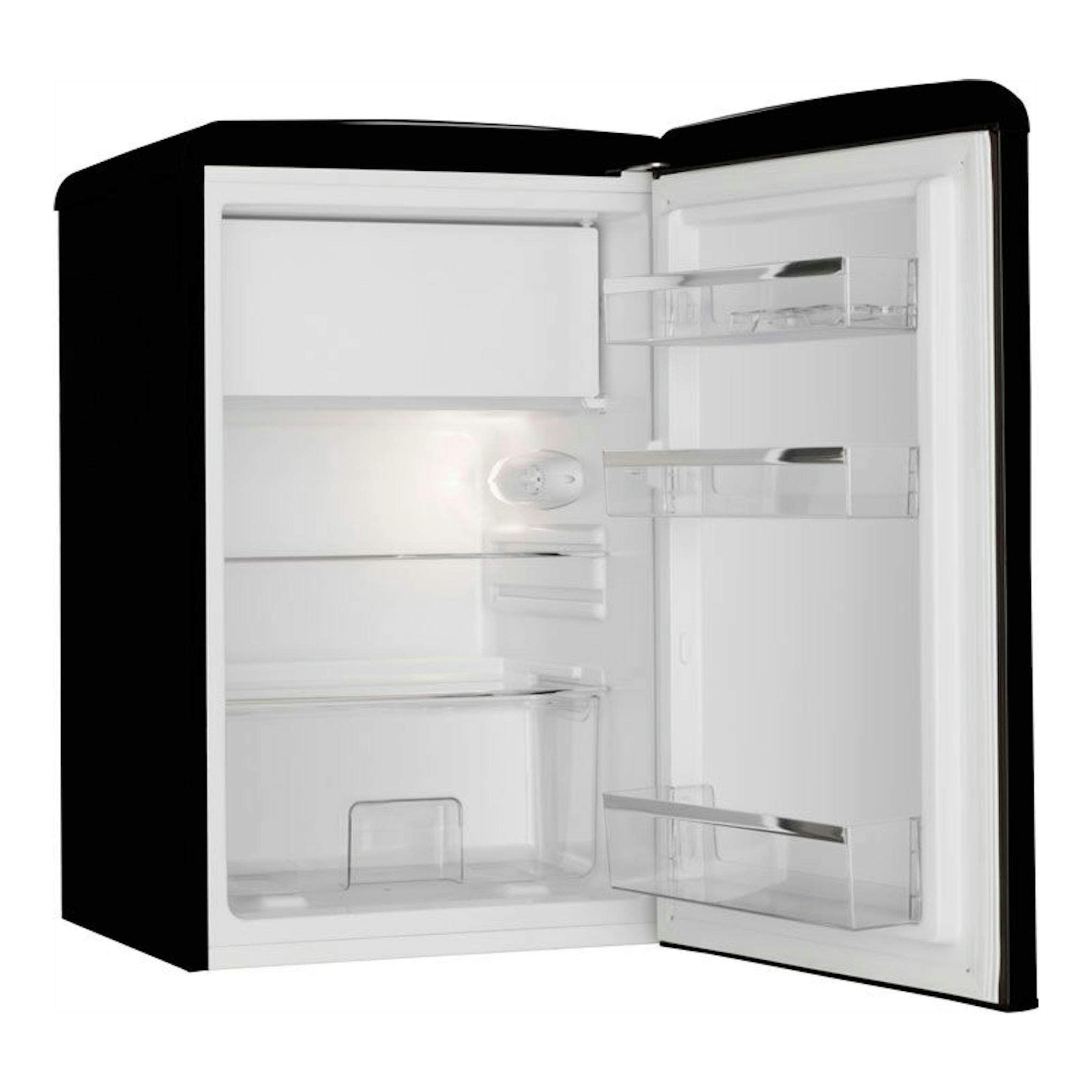 Frigorífico Fagor 3FFV-855N negro, puerta abierta, interior blanco, vista frontal.