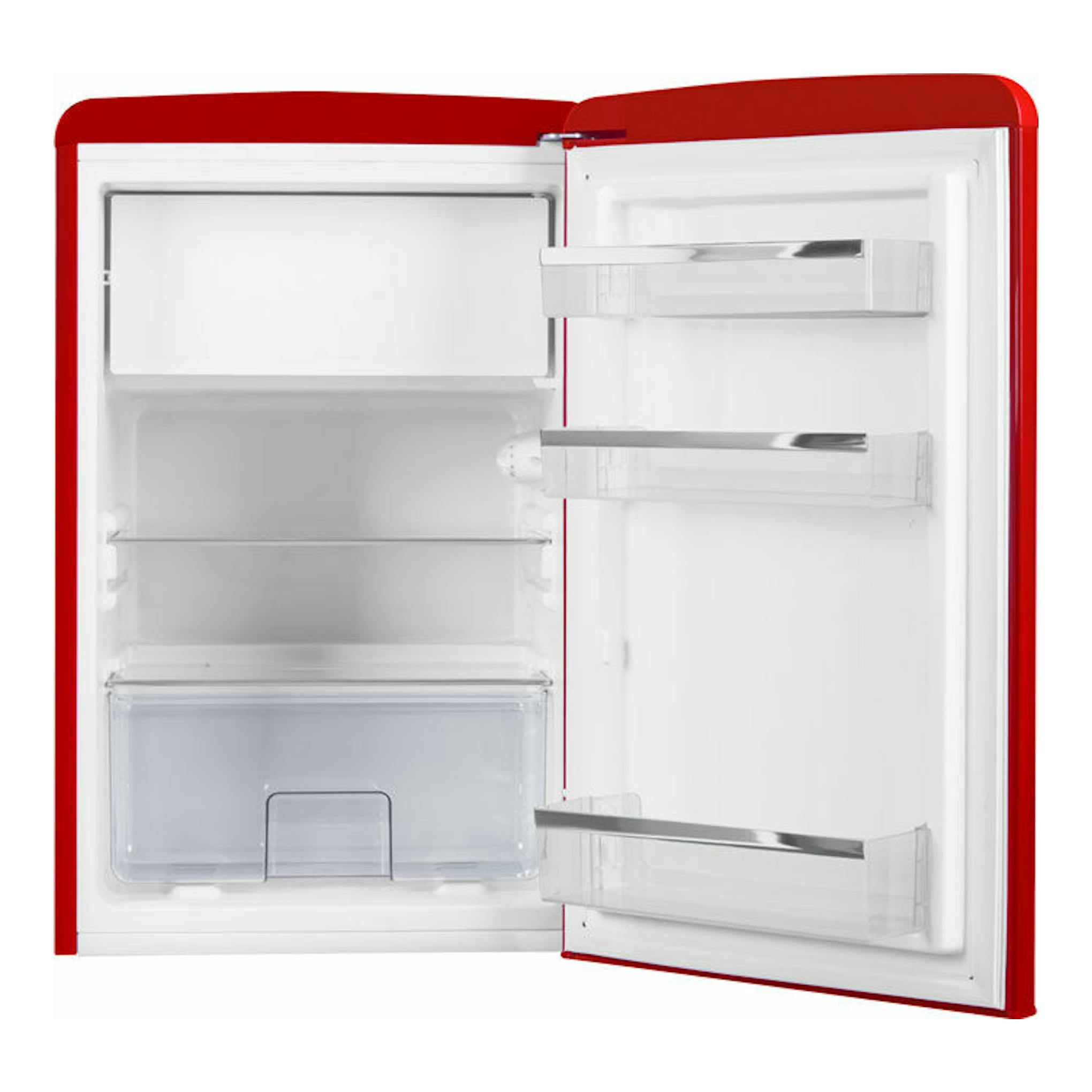 Frigorífico Fagor 3FFV-855R rojo, vista frontal con la puerta abierta y compartimentos interiores blancos.