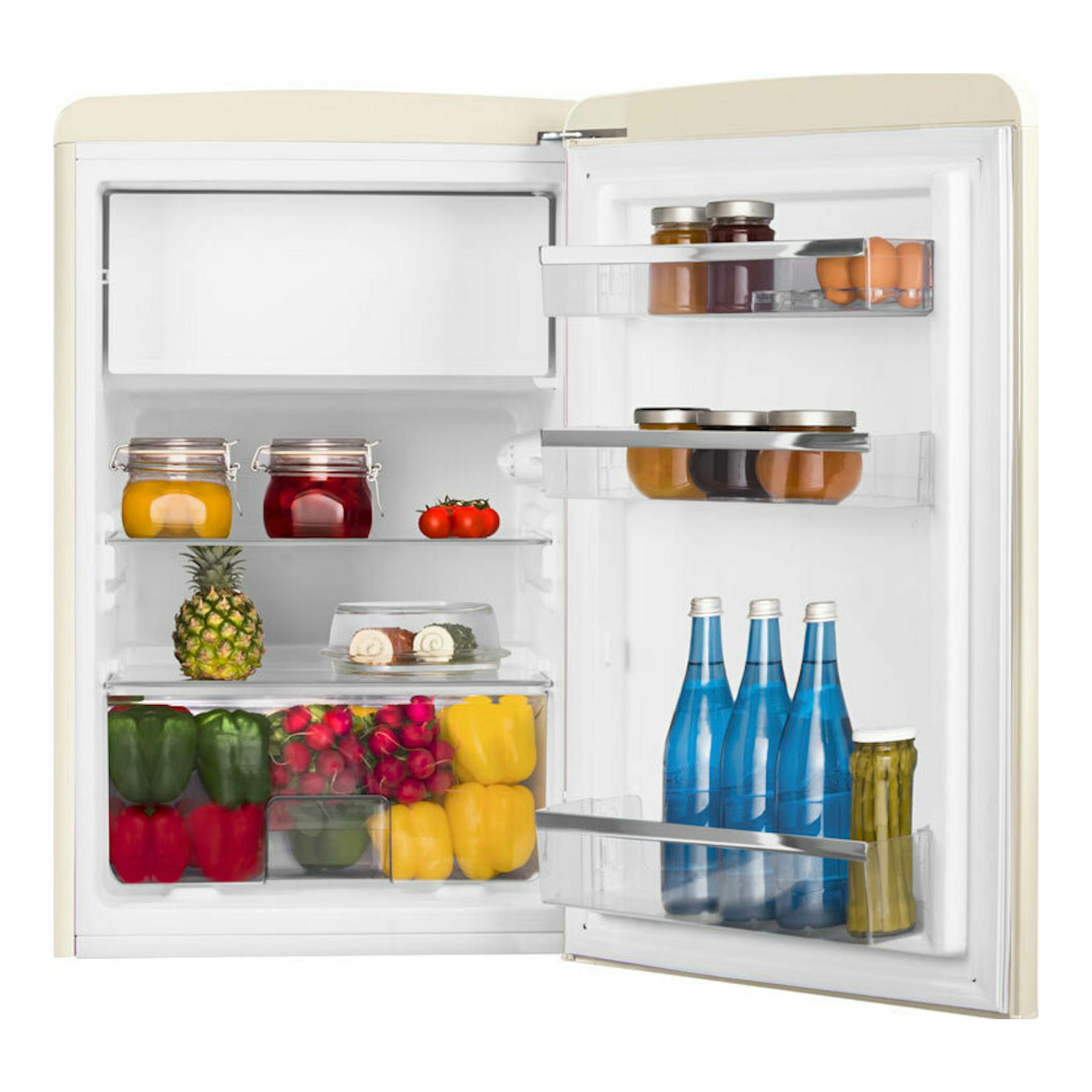Frigorífico Fagor 3FFV855BG crema, de una puerta, abierto en vista frontal con alimentos en estantes.