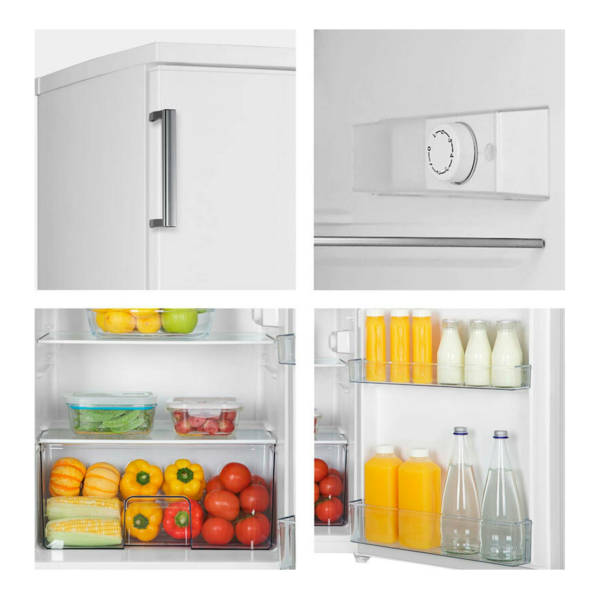 Frigorífico blanco Hisense RL170D4BWE, vista frontal con puerta, termostato e interior con frutas y bebidas.