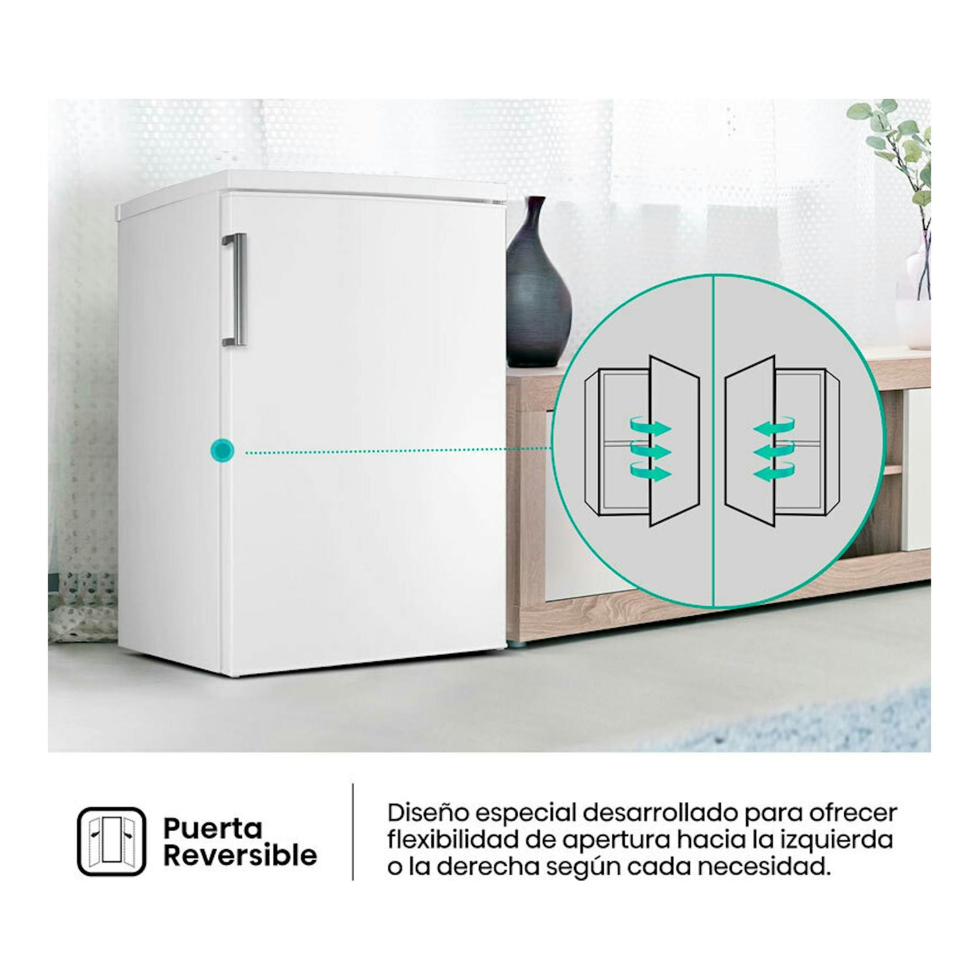 Frigorífico blanco Hisense RL170D4BWE, vista frontal izquierda, con puerta reversible.