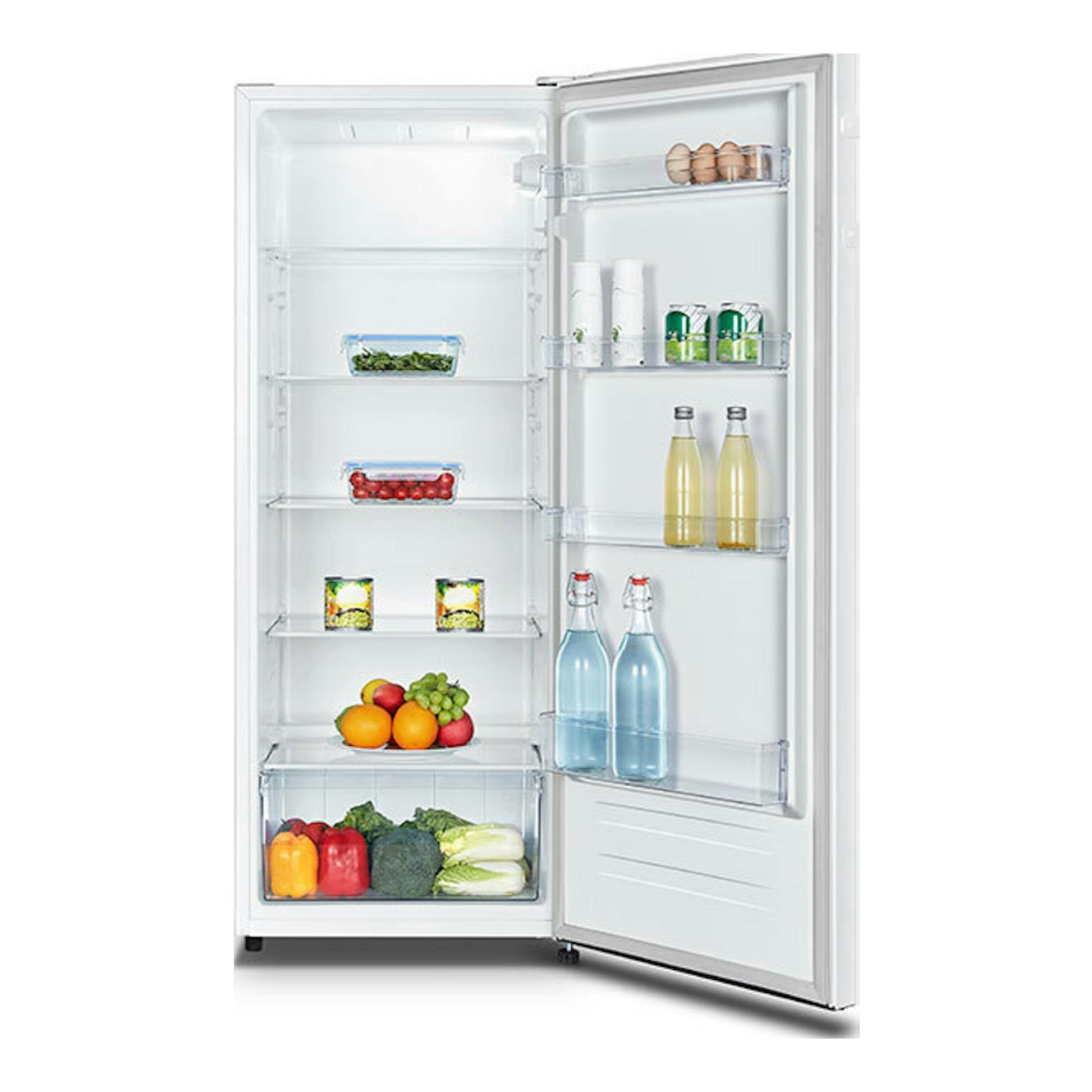 Frigorífico Hisense RL313D4AWE blanco, vista frontal con la puerta abierta y baldas con alimentos.