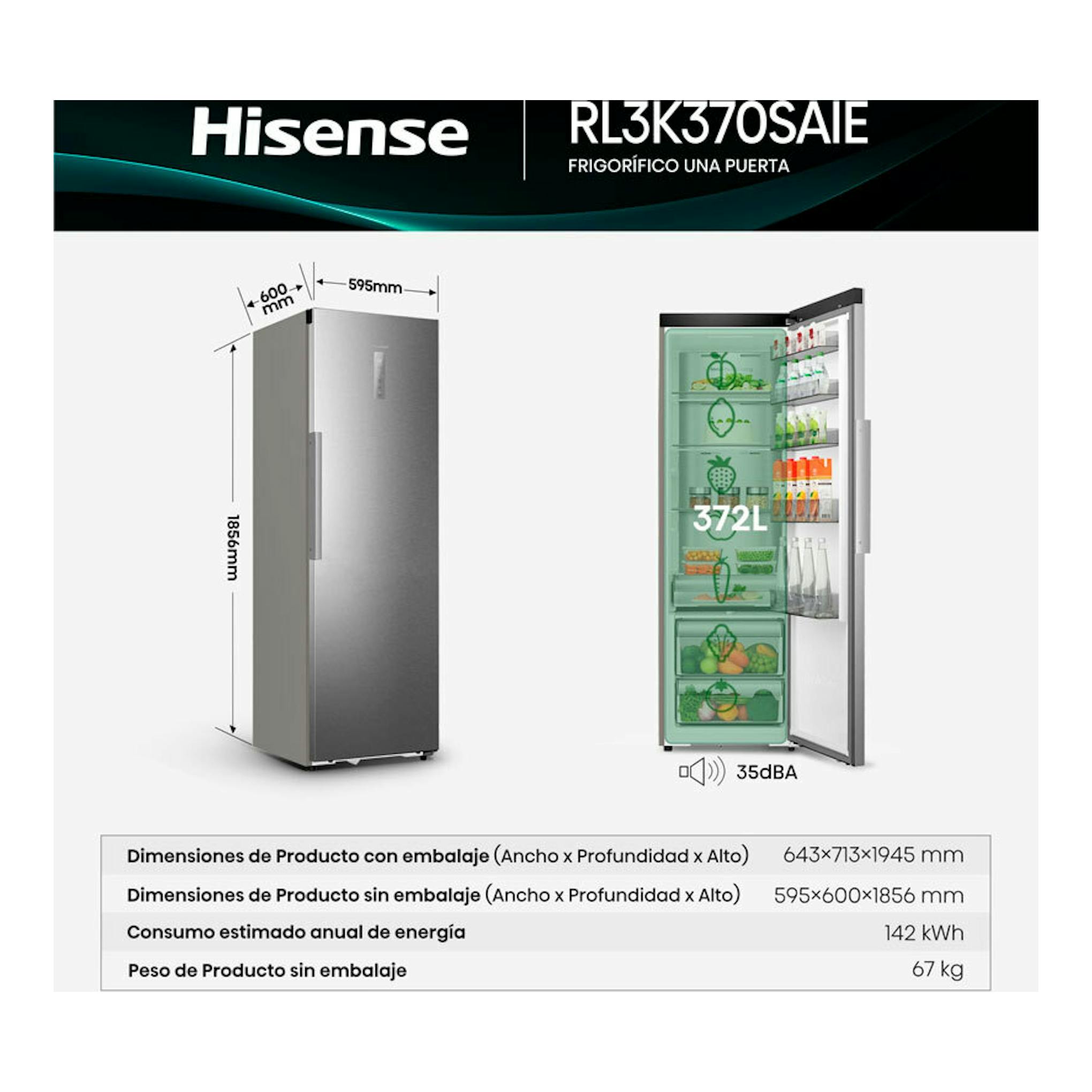 Frigorífico Hisense RL3K370SAIE inox, vista frontal y puerta abierta, interior visible, 372 L.