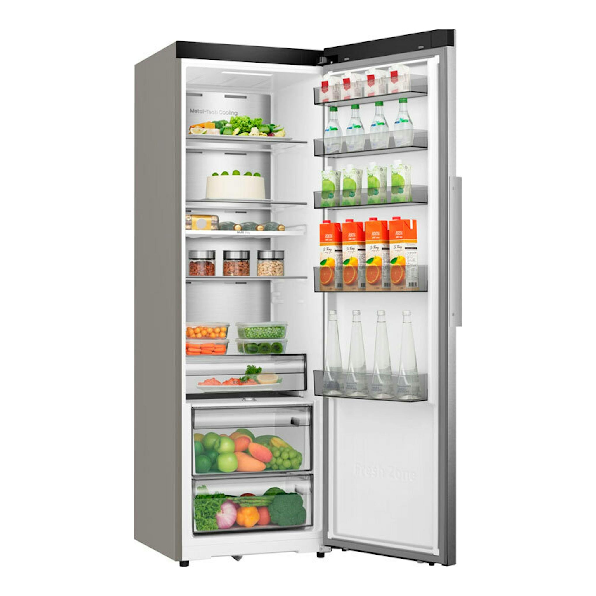 Frigorífico Hisense RL3K370SAIE inox, vista frontal con puerta abierta y compartimentos interiores visibles.