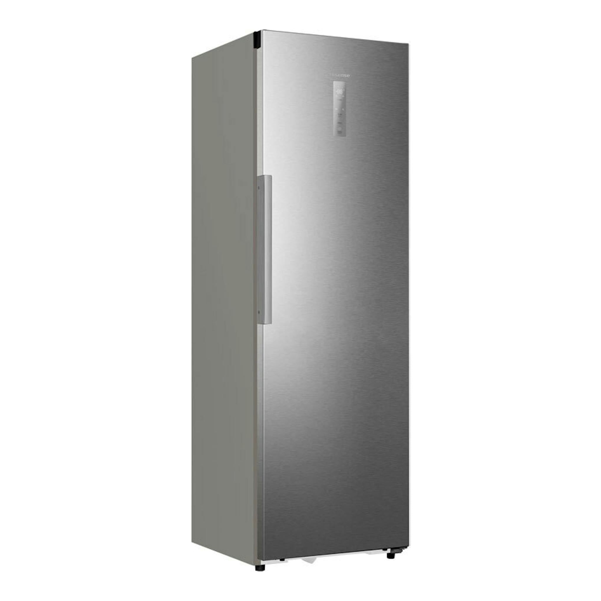 Frigorífico Hisense RL3K370SAIE inox, vista frontal inclinada de una puerta, con panel en la puerta.