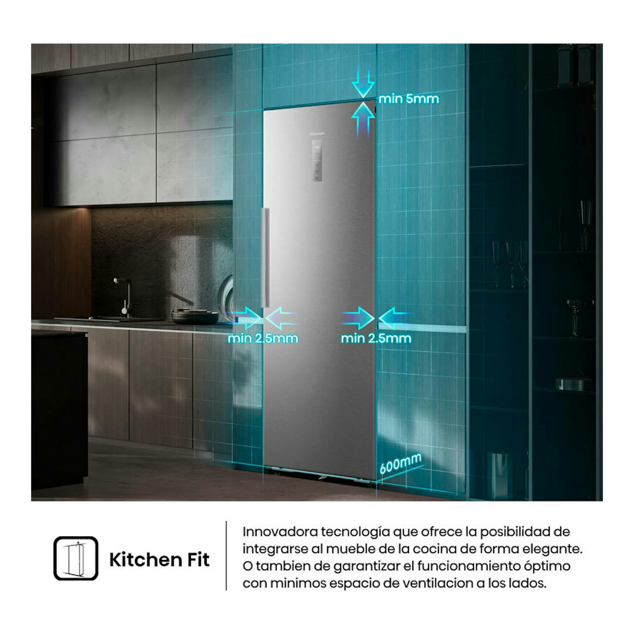 Frigorífico Hisense RL3K370SAIE inox, vista frontal en cocina, con medidas mínimas de integración.