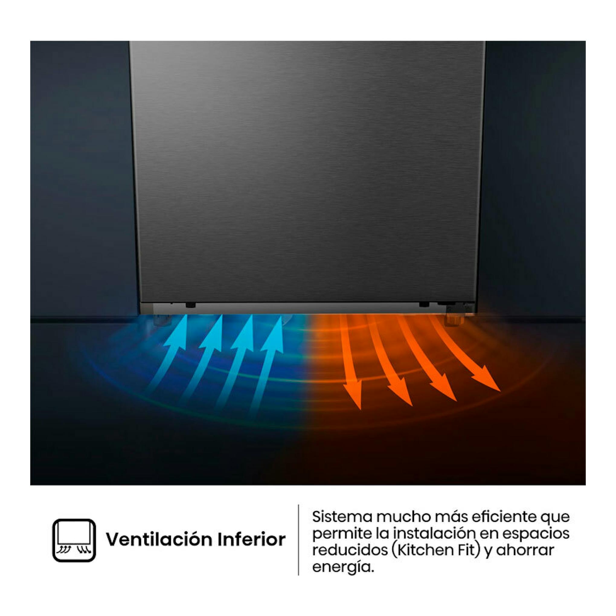 Frigorífico Hisense RL3K370SAIE inox, vista frontal parcial con ventilación inferior y flechas azules y naranjas.