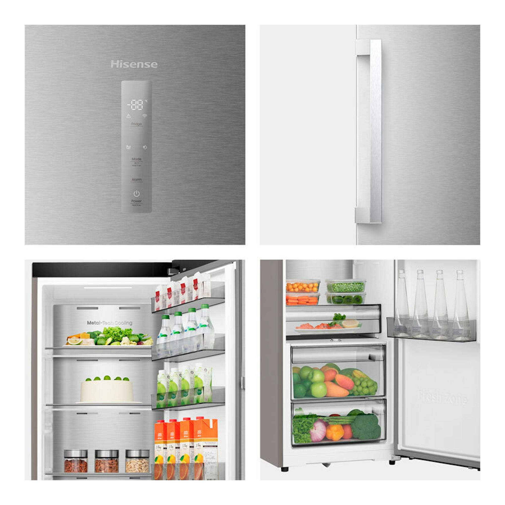 Frigorífico Hisense RL3K370SAIE1 inox, vista frontal y del interior con baldas, cajones y botellas.
