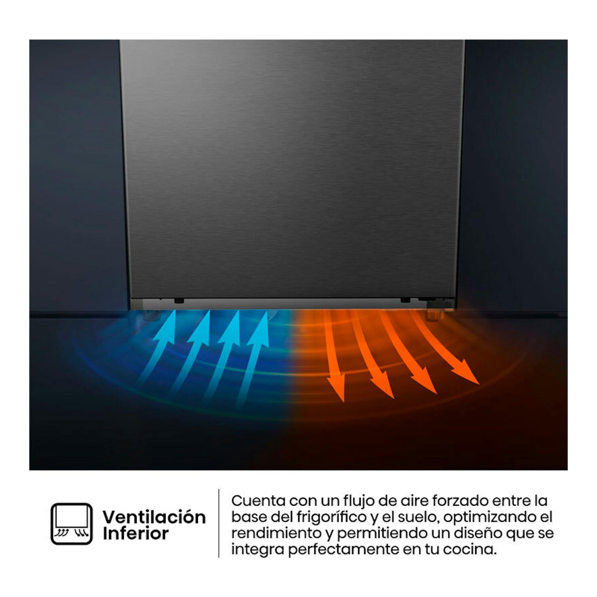 Frigorífico Hisense RL3K370SAIE1 inox, vista frontal inferior con ventilación inferior y flechas de aire.