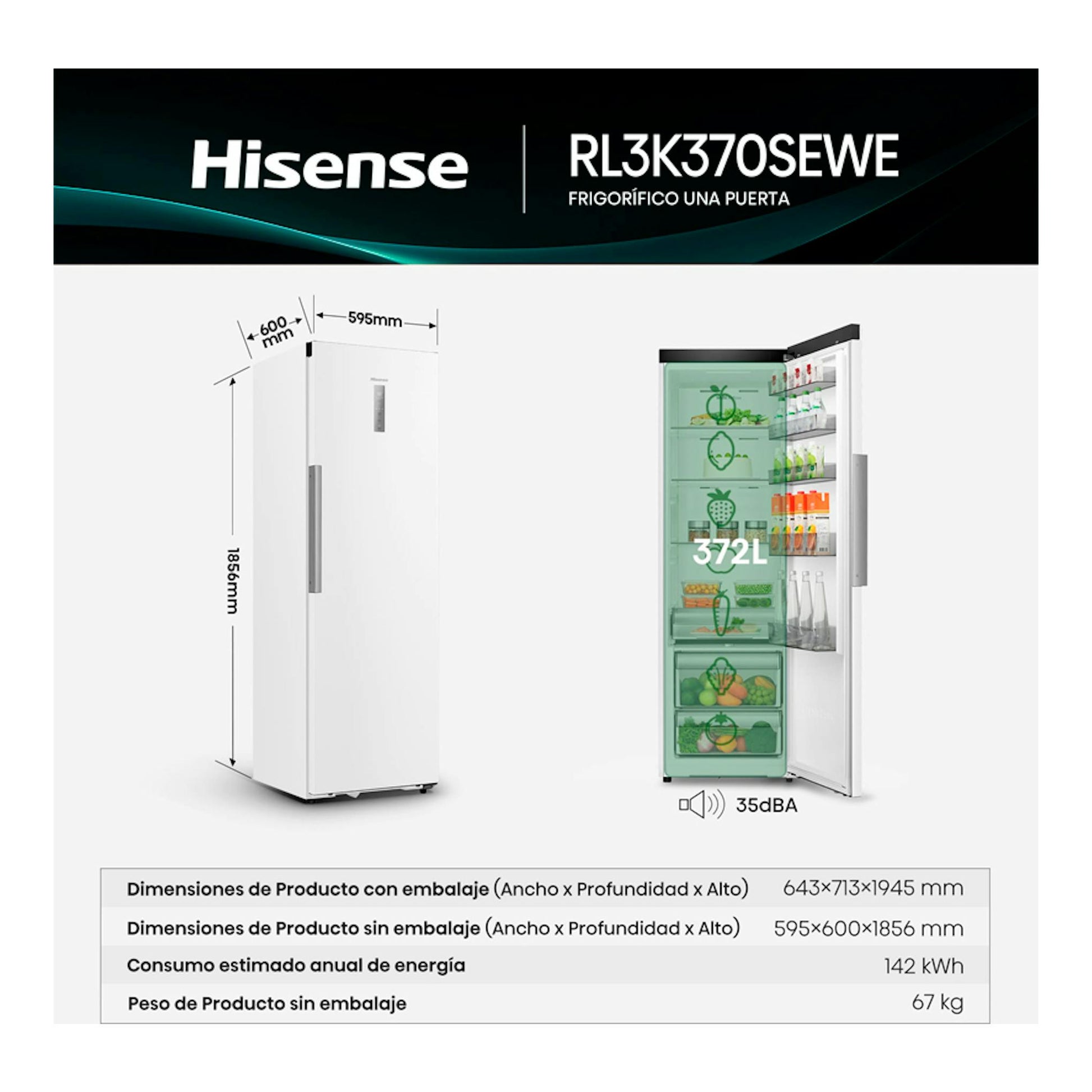 Hisense RL3K370SEWE, frigorífico blanco de una puerta, vista frontal y abierta, con medidas 595x600x1856 mm.