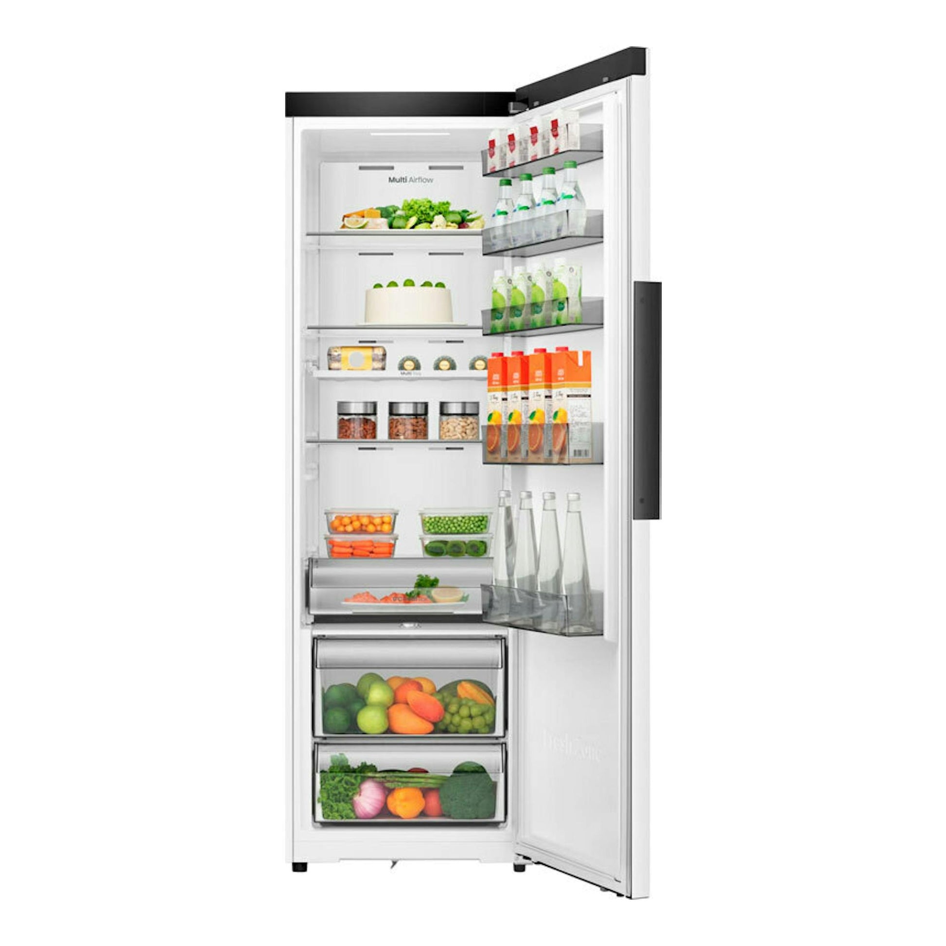 Frigorífico Hisense RL3K370SEWE blanco, vista frontal abierta de una puerta con estantes y cajones.