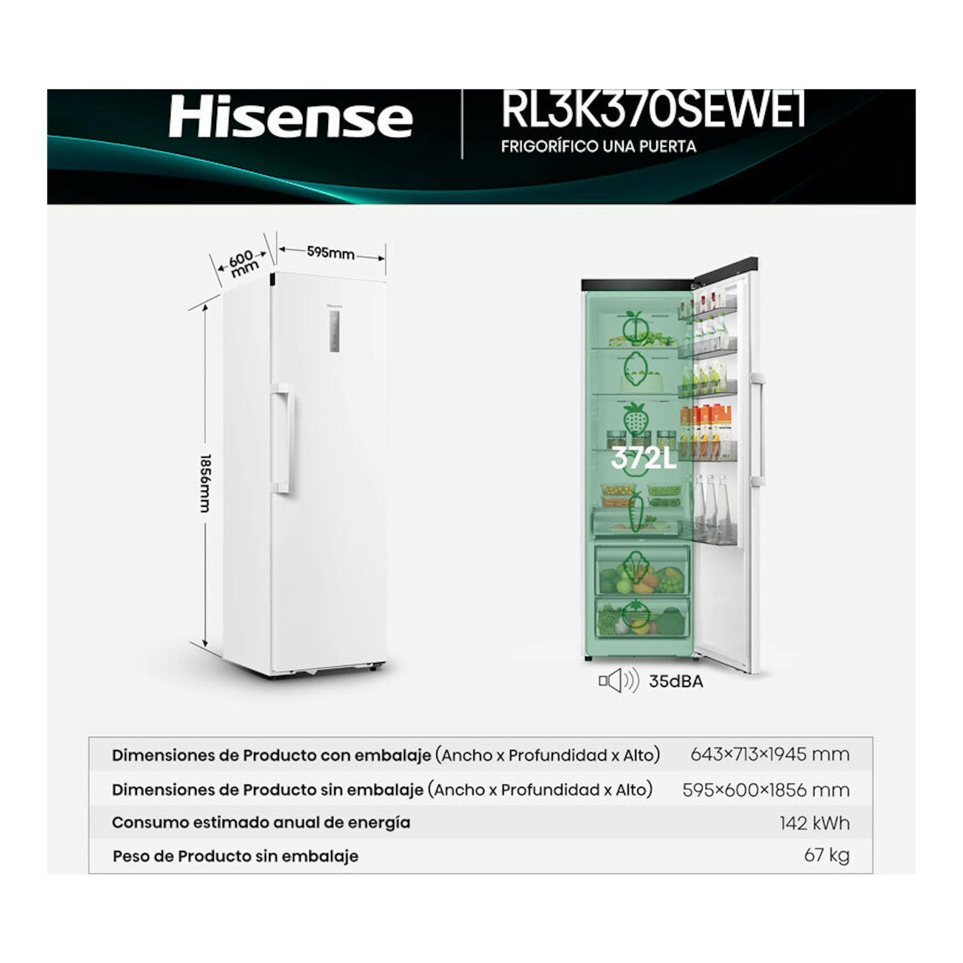 Hisense RL3K370SEWE1, frigorífico blanco de una puerta, vista frontal y puerta abierta con interior visible.