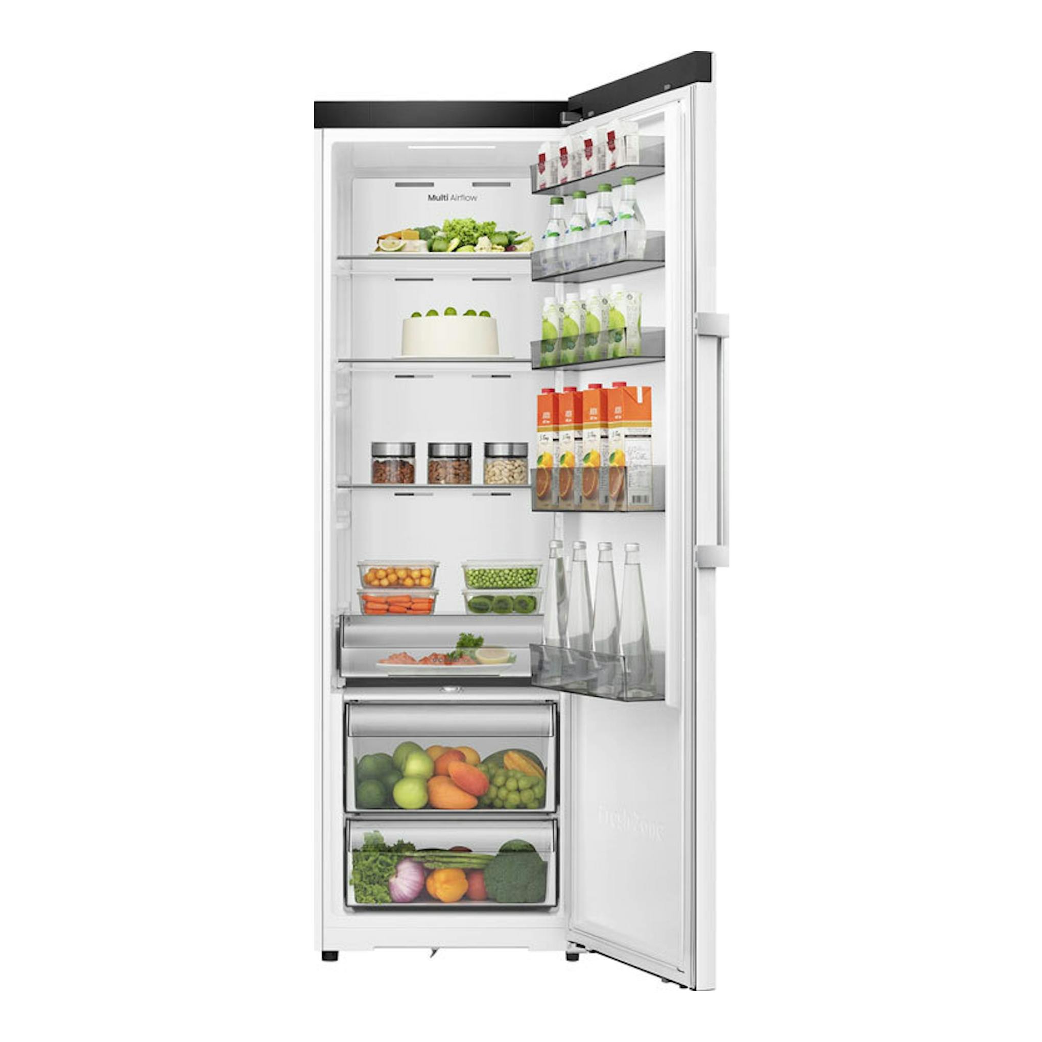 Frigorífico Hisense RL3K370SEWE1 blanco, vista frontal con la puerta abierta y estantes interiores.