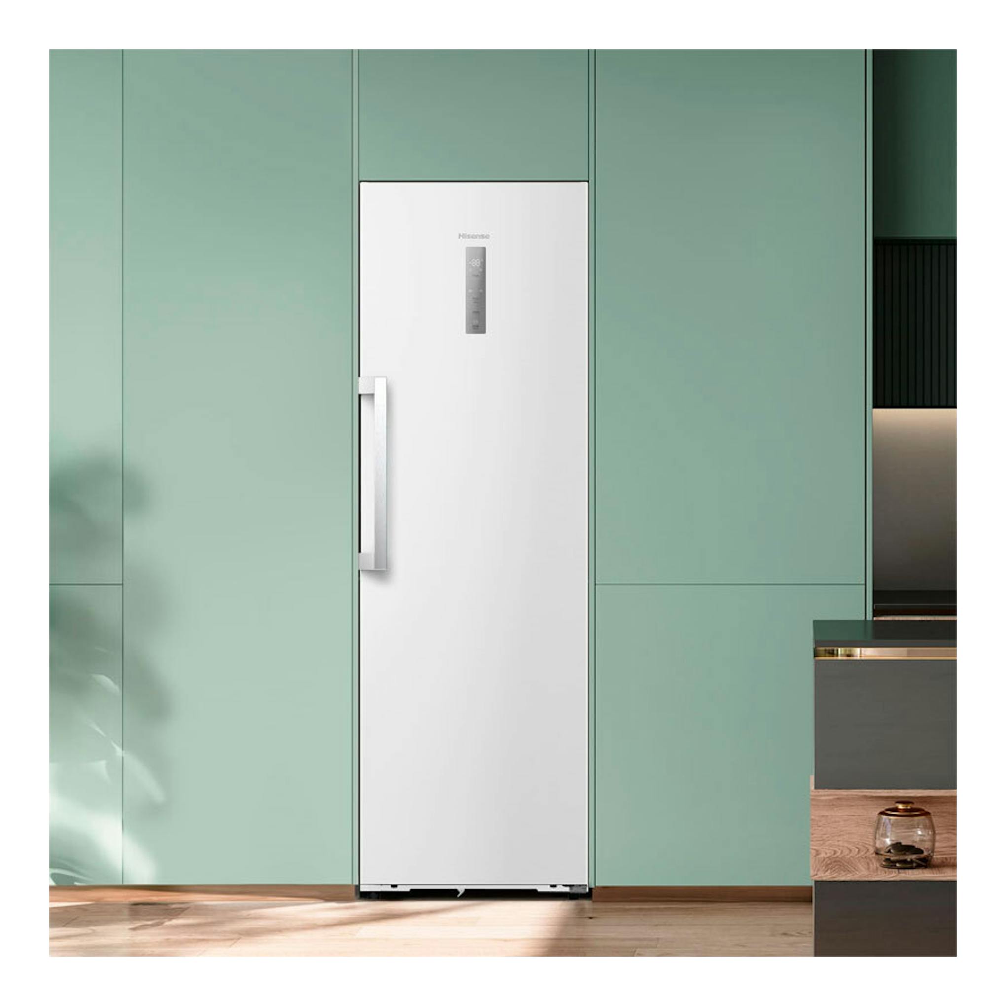 Frigorífico Hisense RL3K370SEWE1 blanco, vista frontal de una puerta, entre muebles verdes.